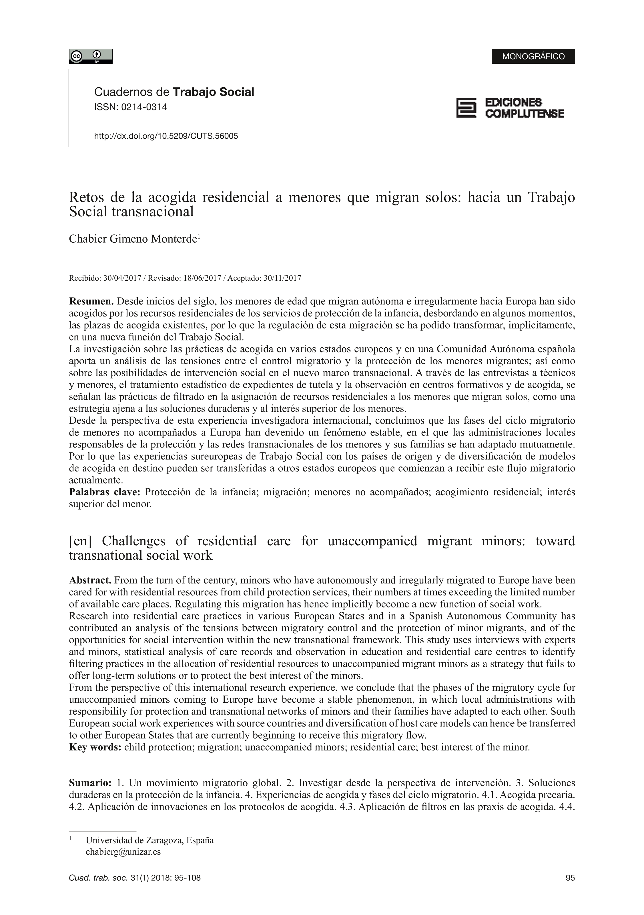 Retos de la acogida residencial a menores que migran solos: hacia un Trabajo Social transnacional