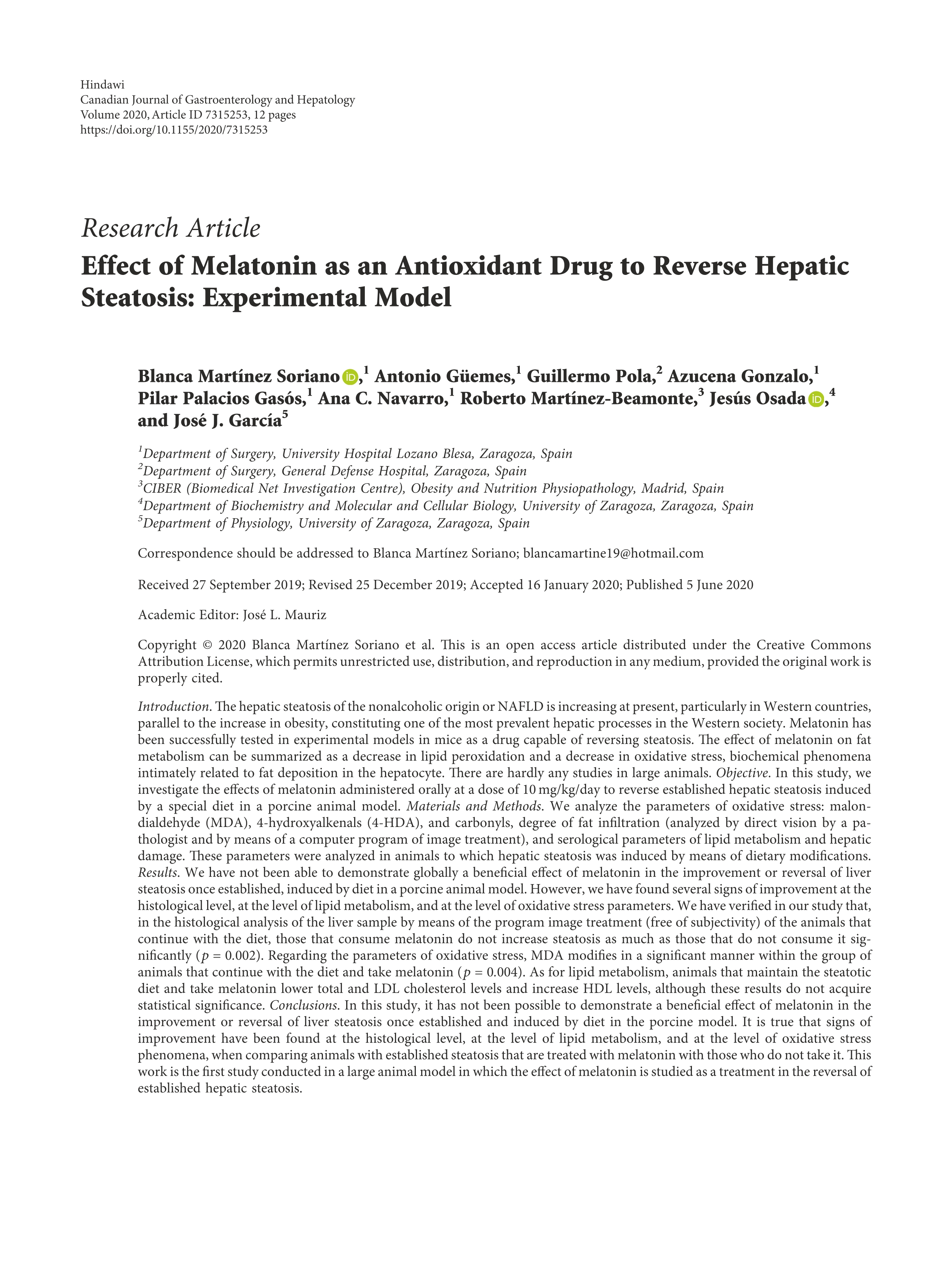 Effect of Melatonin as an Antioxidant Drug to Reverse Hepatic Steatosis: Experimental Model