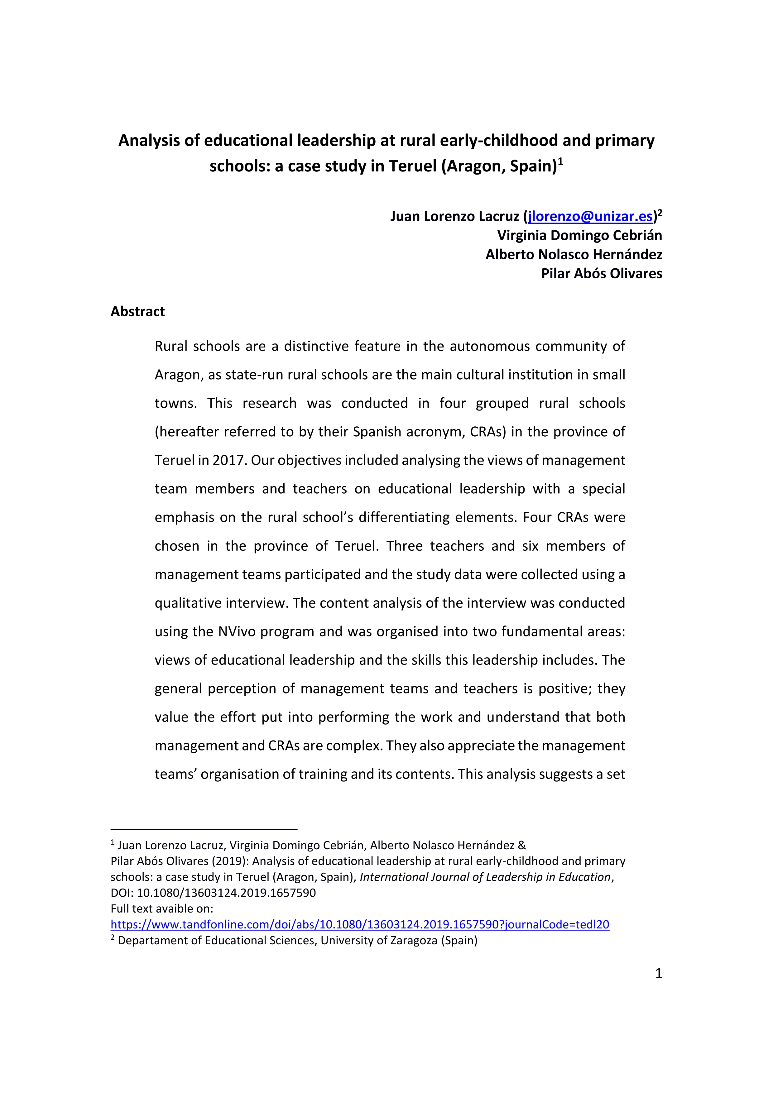 Analysis of educational leadership at rural early-childhood and primary schools: a case study in Teruel (Aragon, Spain)