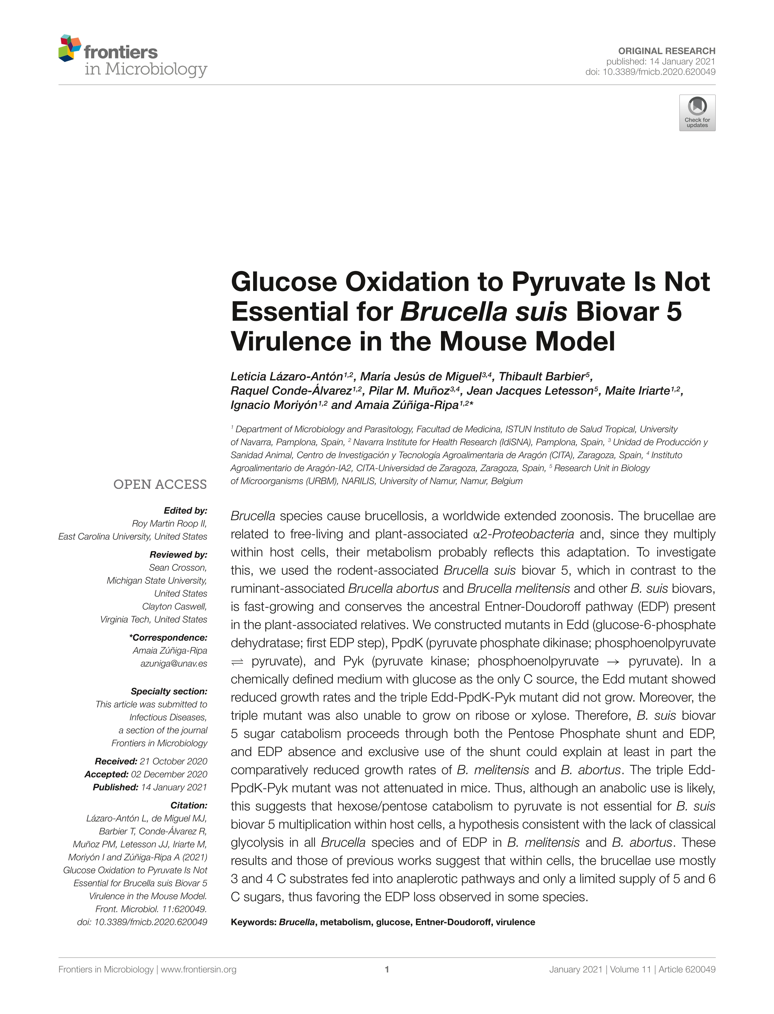 Glucose Oxidation to Pyruvate Is Not Essential for Brucella suis Biovar 5 Virulence in the Mouse Model