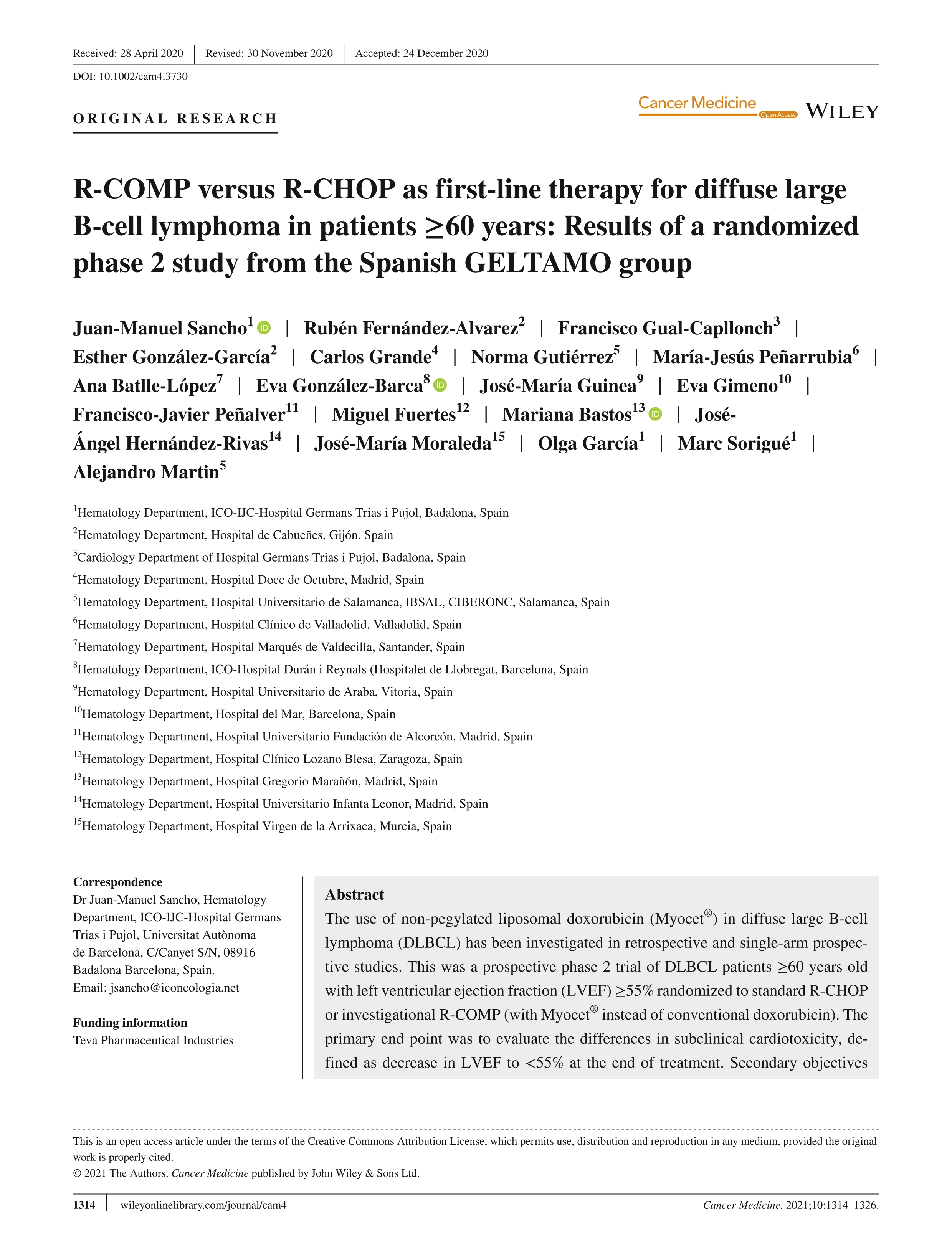 R-COMP versus R-CHOP as first-line therapy for diffuse large B-cell lymphoma in patients =60 years: Results of a randomized phase 2 study from the Spanish GELTAMO group