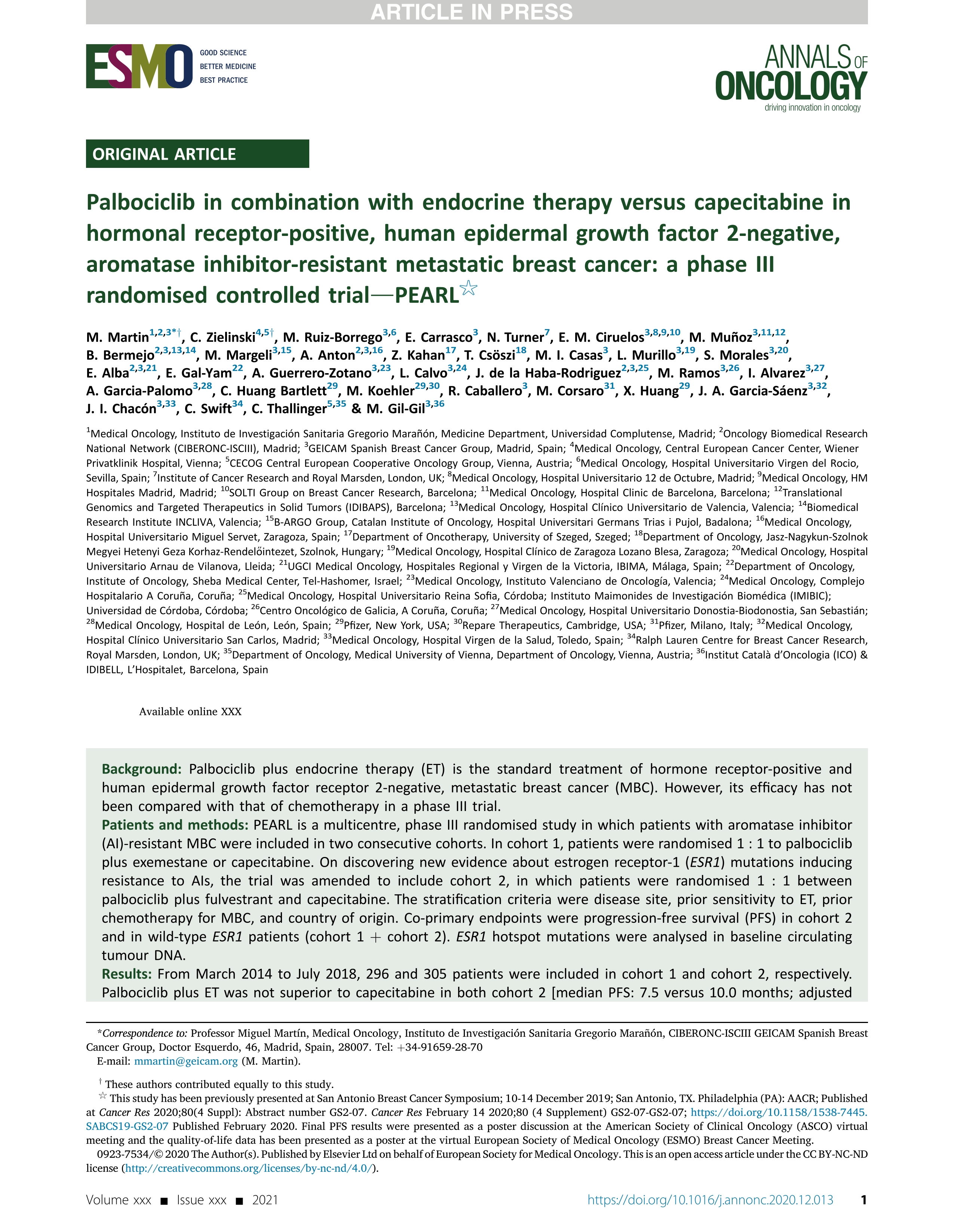 Palbociclib in combination with endocrine therapy versus capecitabine in hormonal receptor-positive, human epidermal growth factor 2-negative, aromatase inhibitor-resistant metastatic breast cancer: a phase III randomised controlled trial—PEARL