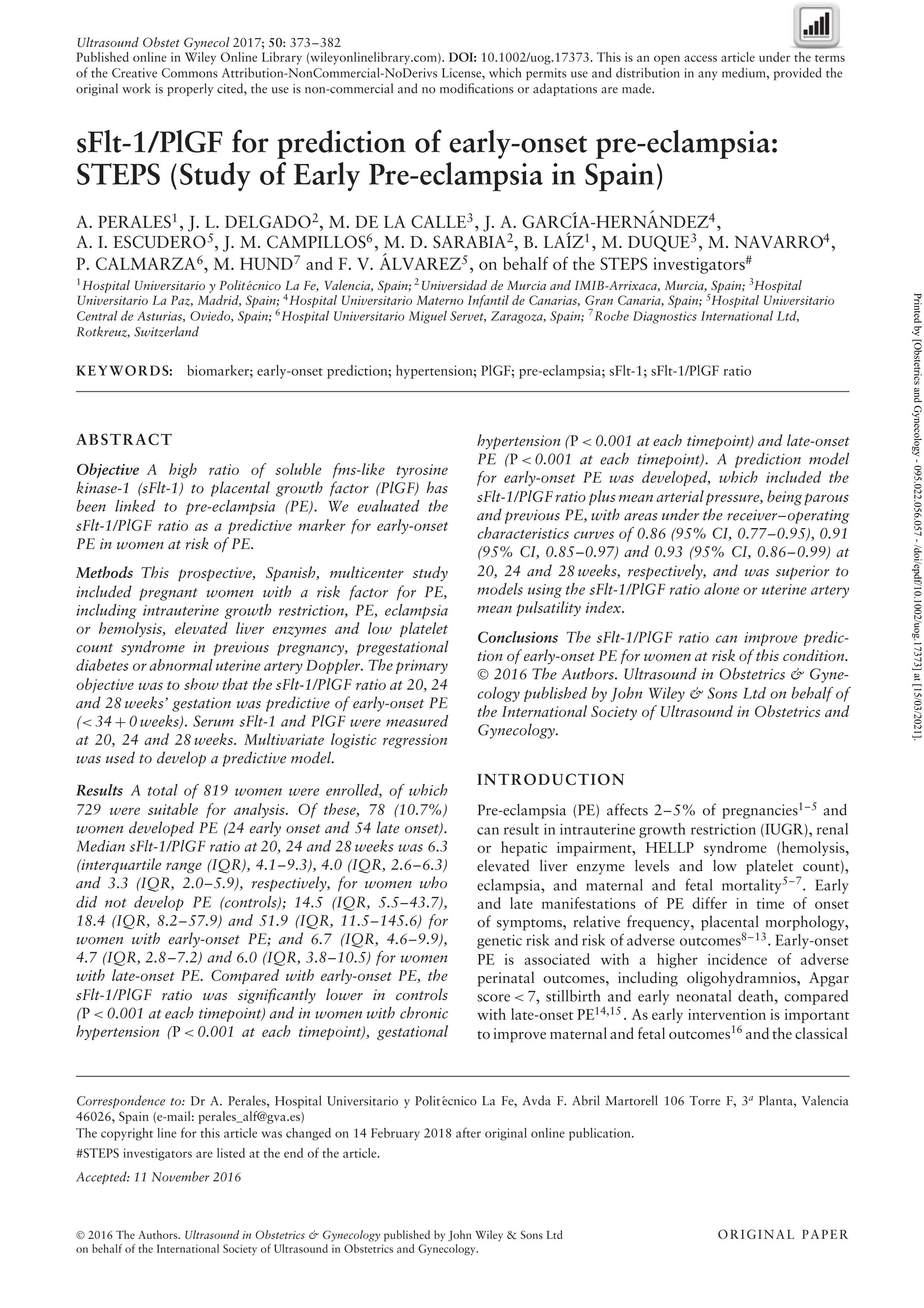 sFlt-1/PlGF for prediction of early-onset pre-eclampsia: STEPS (Study of early pre-eclampsia in Spain)