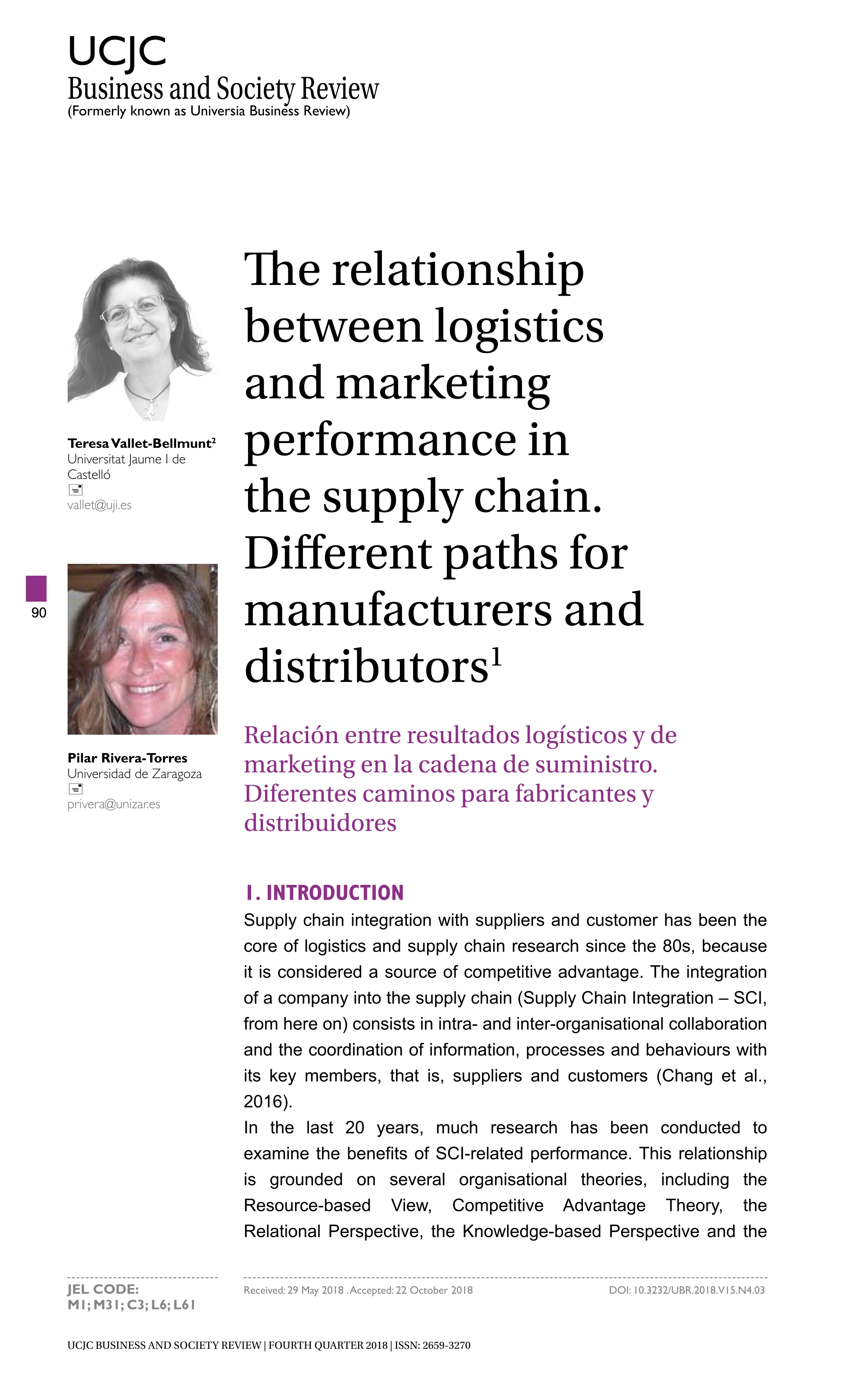 The relationship between logistics and marketing performance in the supply chain. Different paths for manufacturers and distributors