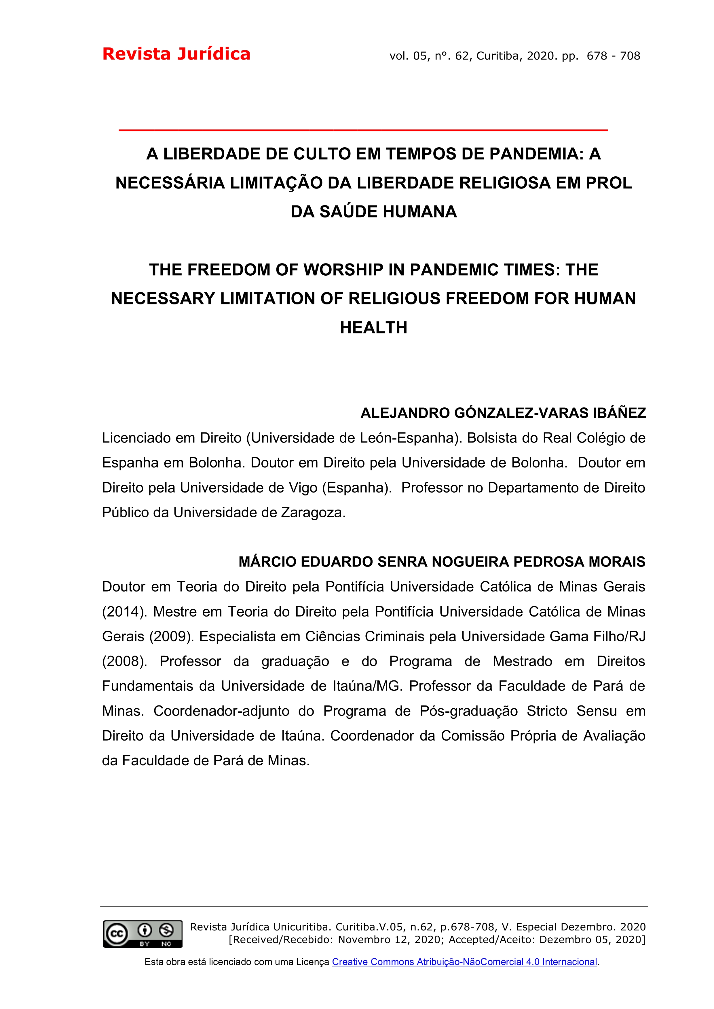 A liberdade de culto em tempos de pandémia: a necessária limitação da liberdade religiosa em prol da saúde humana