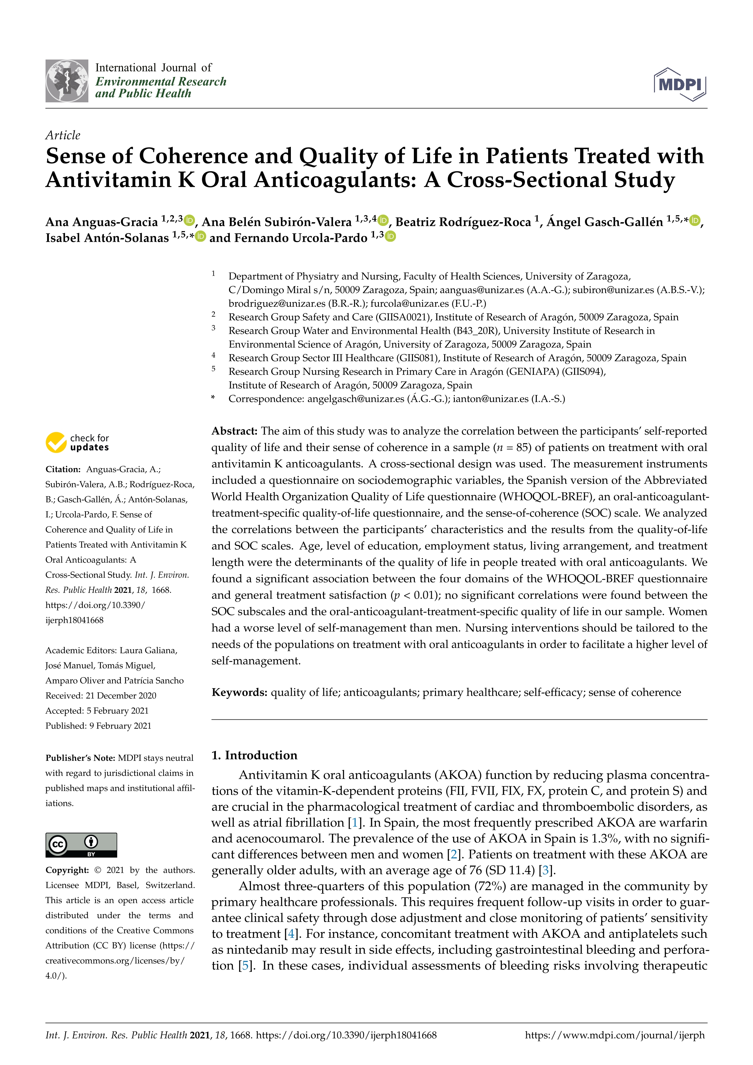 Sense of coherence and quality of life in patients treated with antivitamin k oral anticoagulants: a cross-sectional study