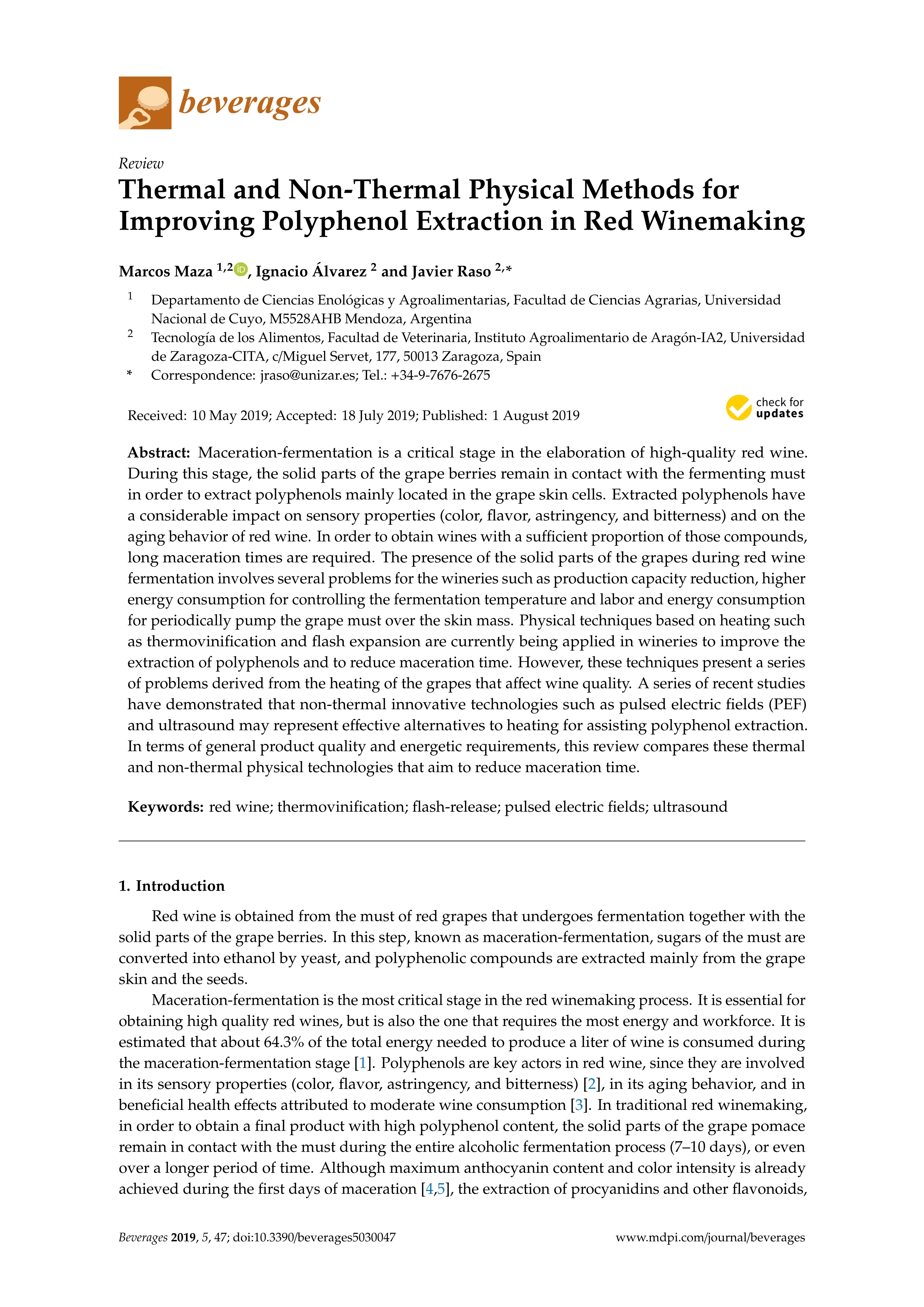 Thermal and Non-Thermal Physical Methods for Improving Polyphenol Extraction in Red Winemaking