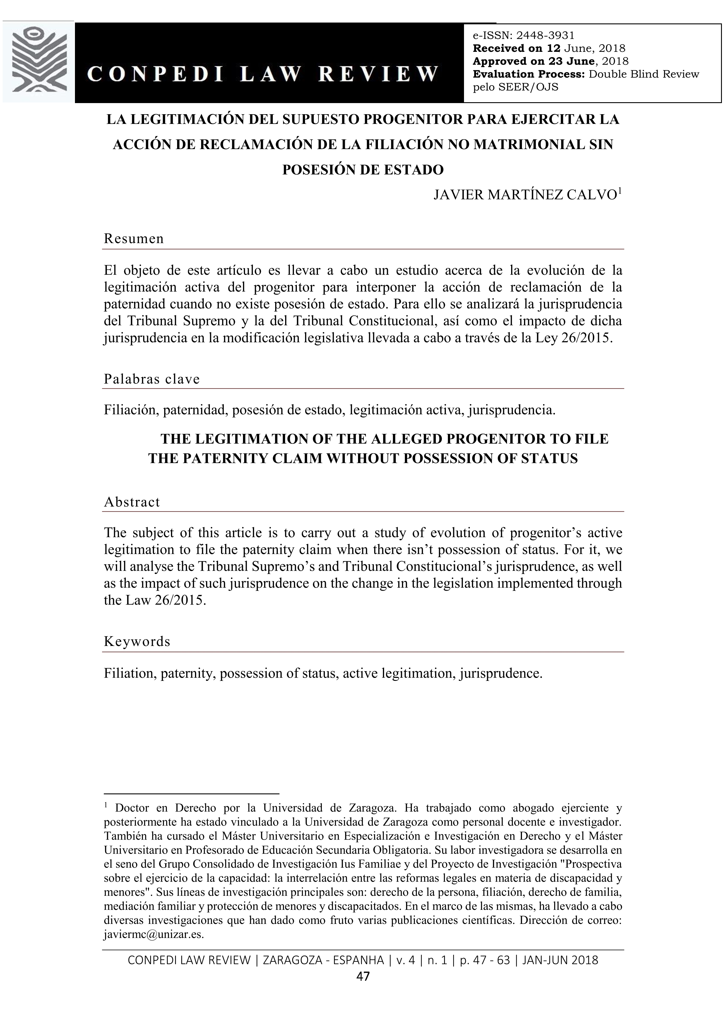 La legitimación del supuesto progenitor para ejercitar la acción de reclamación de la filiación no matrimonial sin posesión de estado
