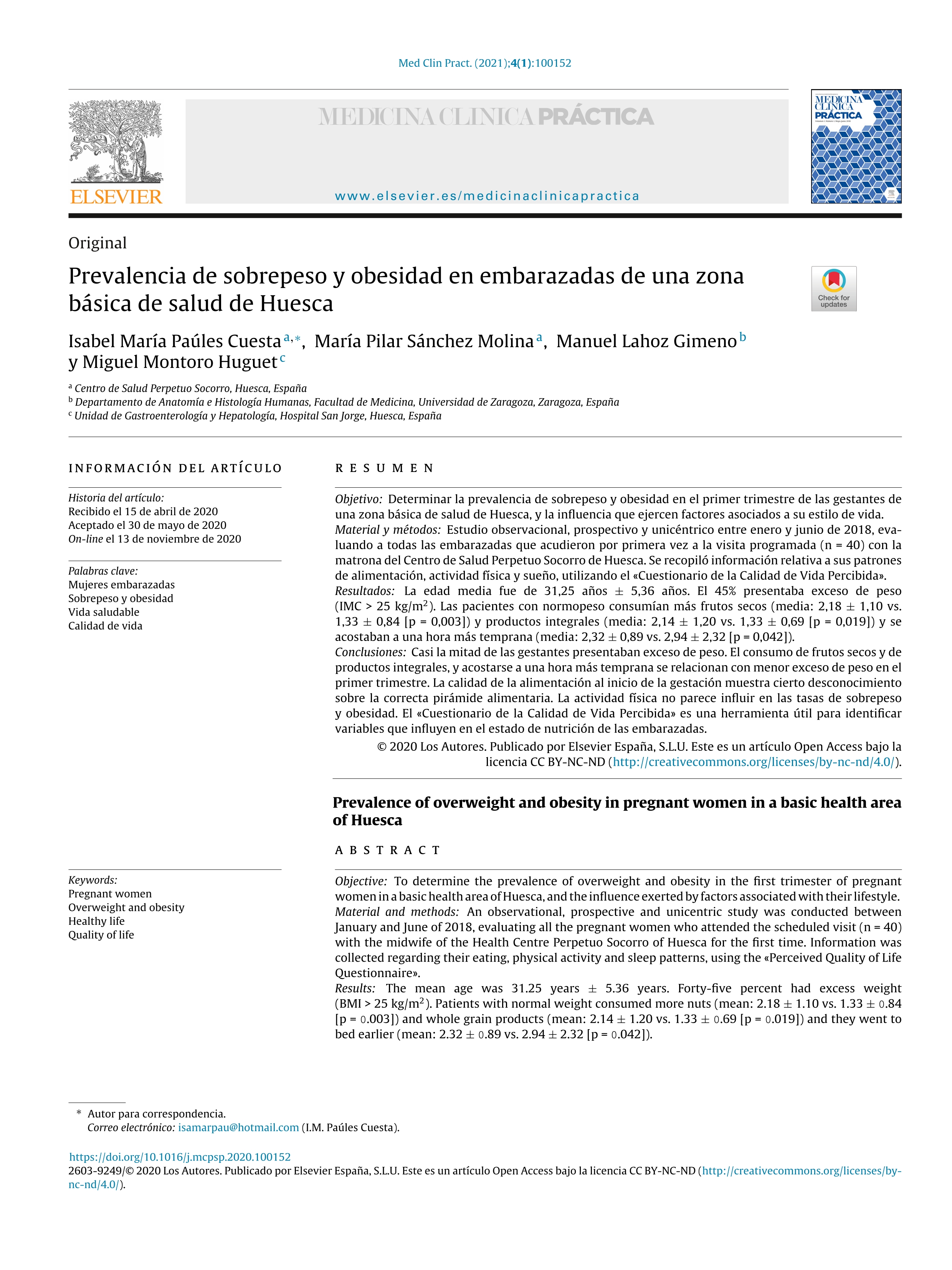 Prevalencia de sobrepeso y obesidad en embarzadas de una zona básica de salud de Huesca