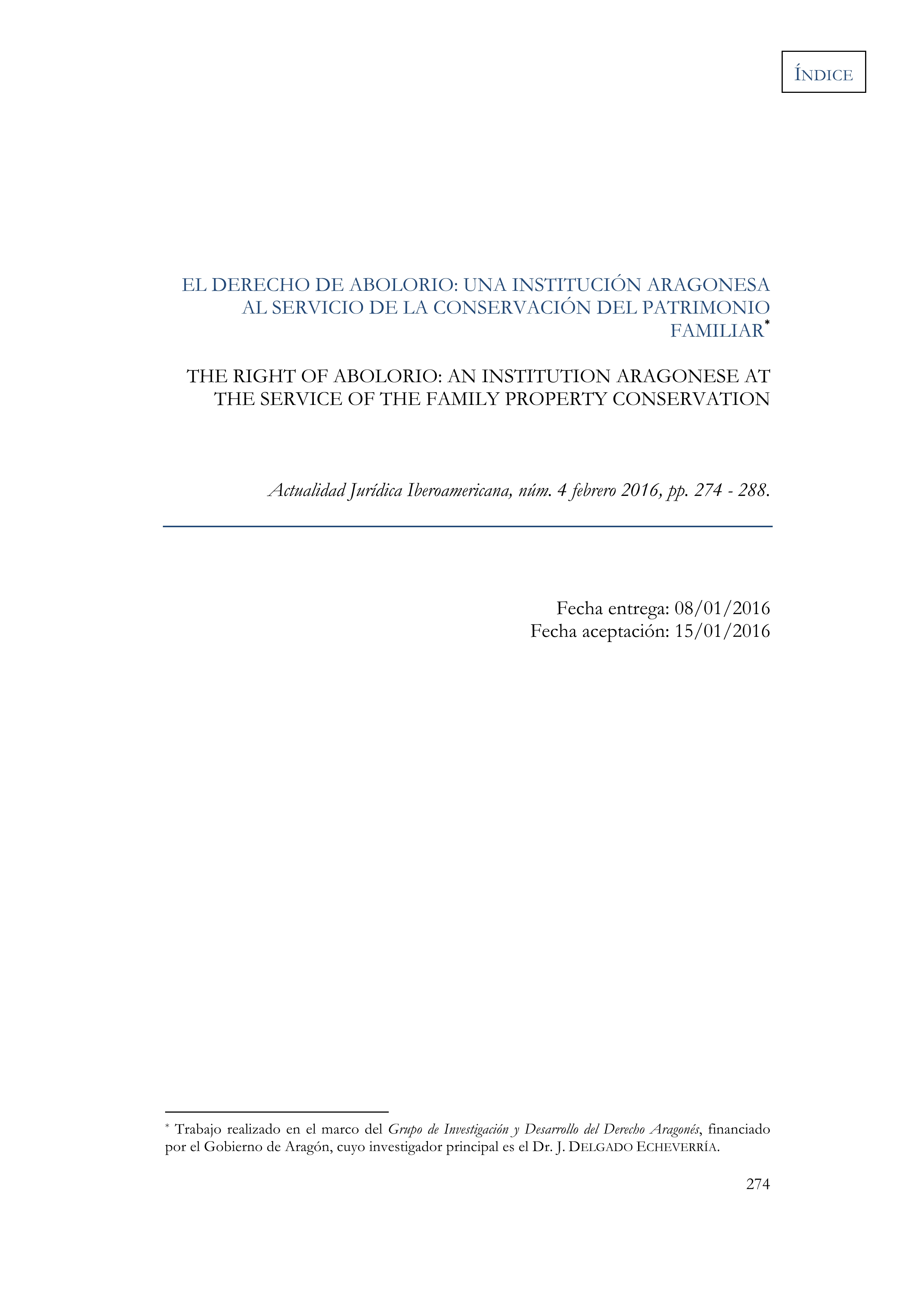 El derecho de abolorio: una institución aragonesa al servicio de la conservación del patrimonio familiar