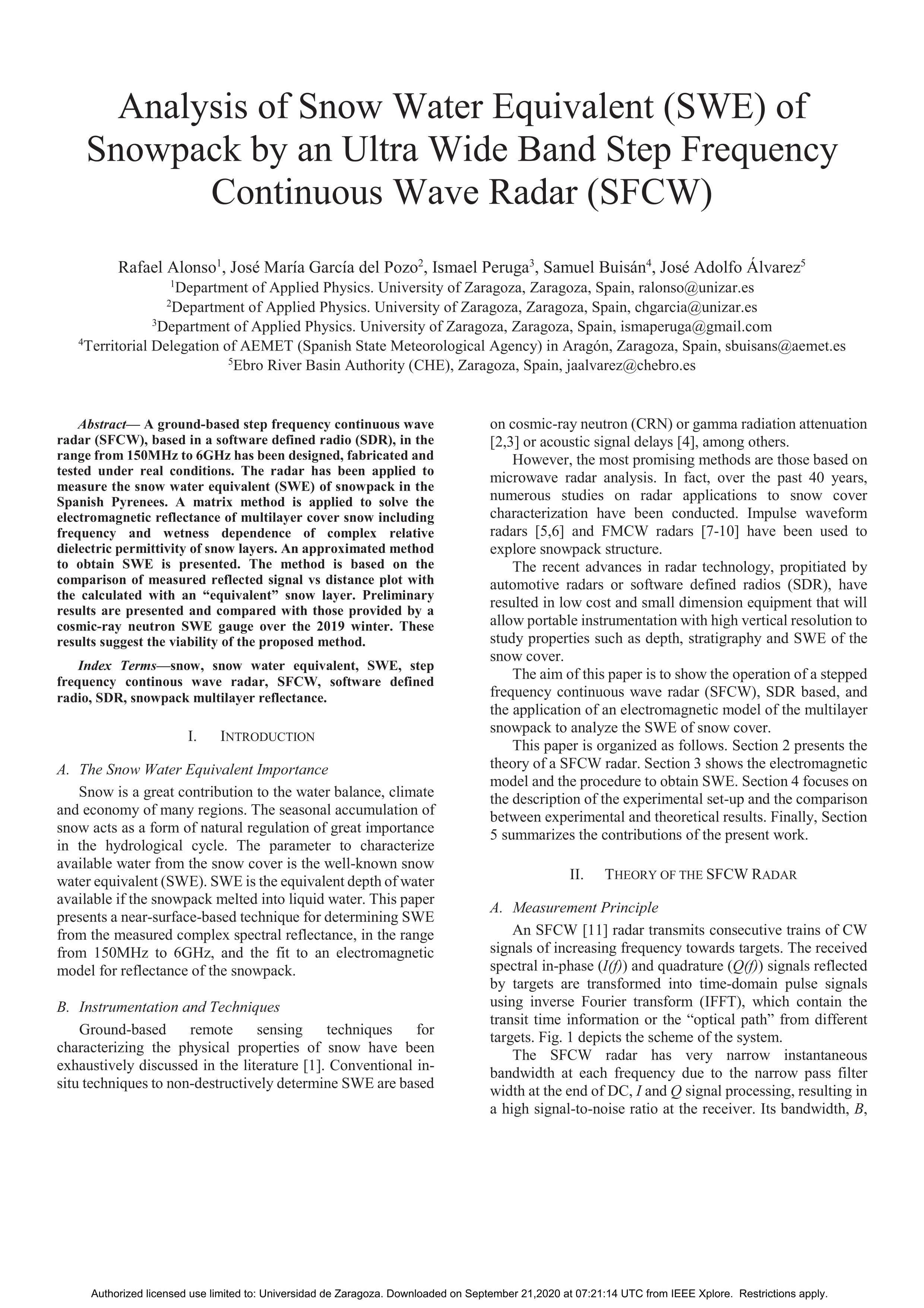 Analysis of Snow Water Equivalent (Swe) of Snowpack by An Ultra Wide Band Step Frequency Continuous Wave Radar (Sfcw)