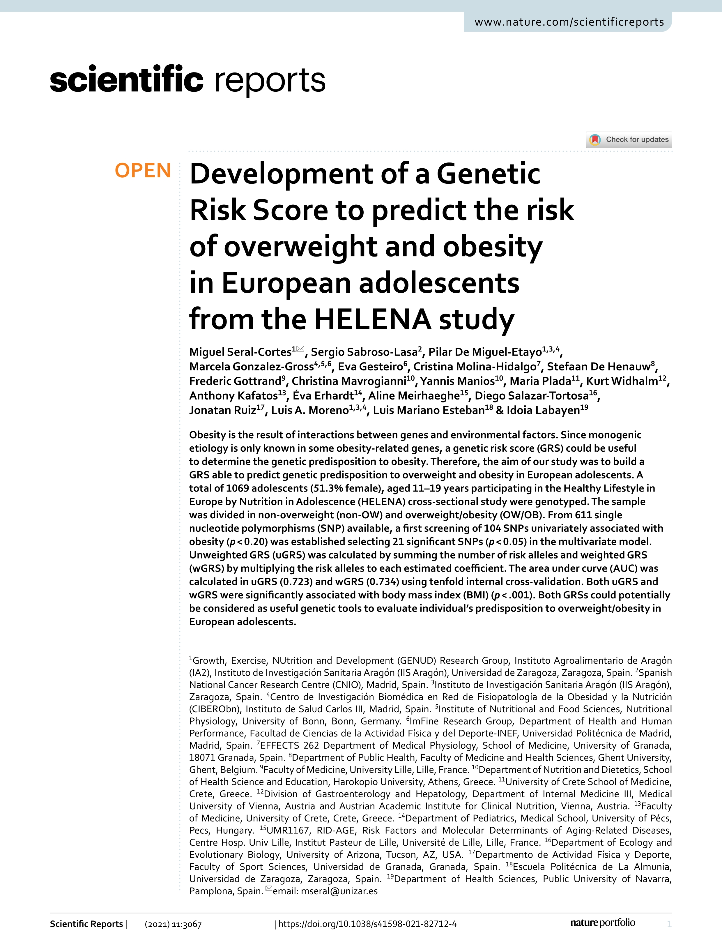 Development of a Genetic Risk Score to predict the risk of overweight and obesity in European adolescents from the HELENA study