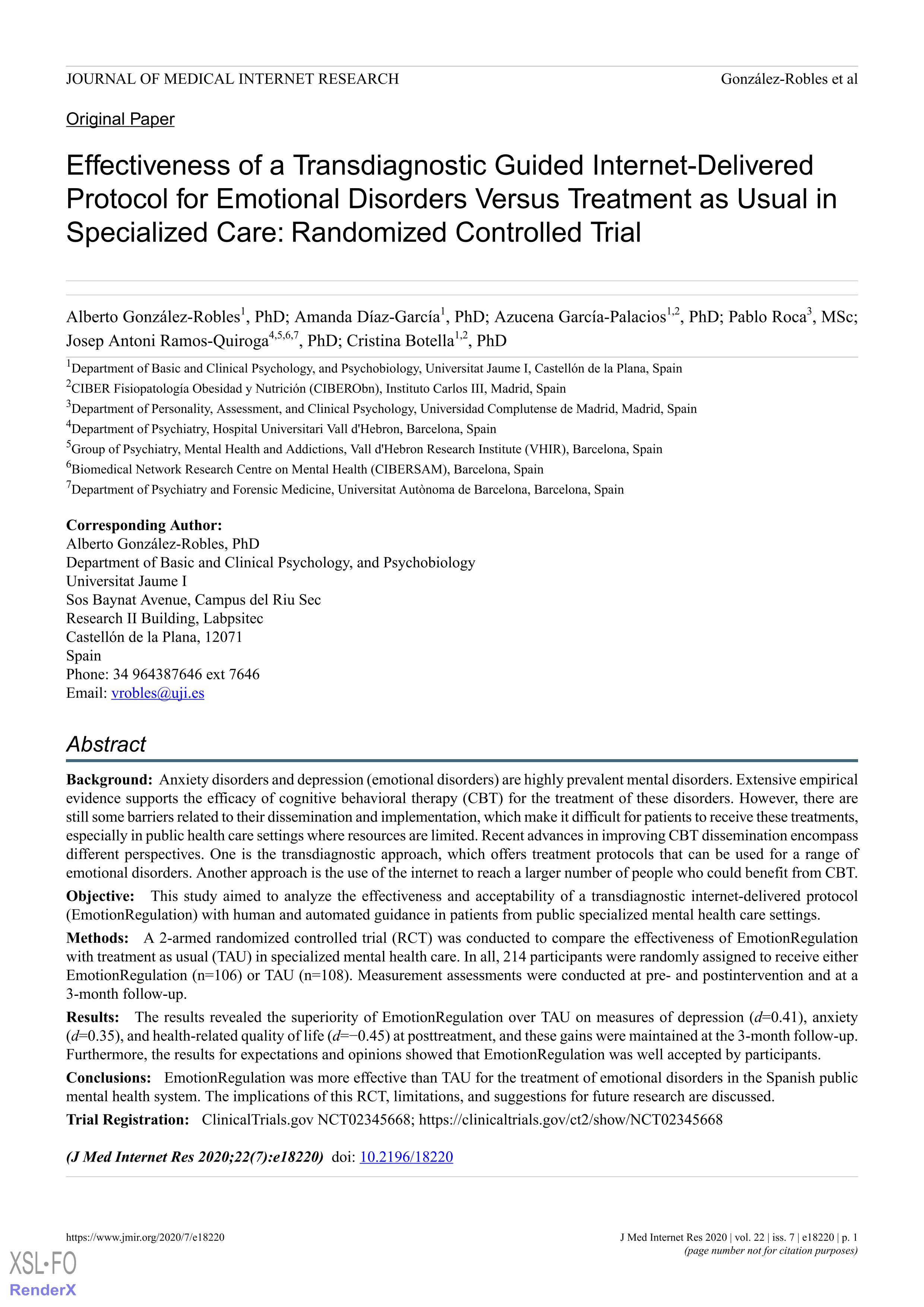 Effectiveness of a Transdiagnostic Guided Internet-Delivered Protocol for Emotional Disorders Versus Treatment as Usual in Specialized Care: Randomized Controlled Trial