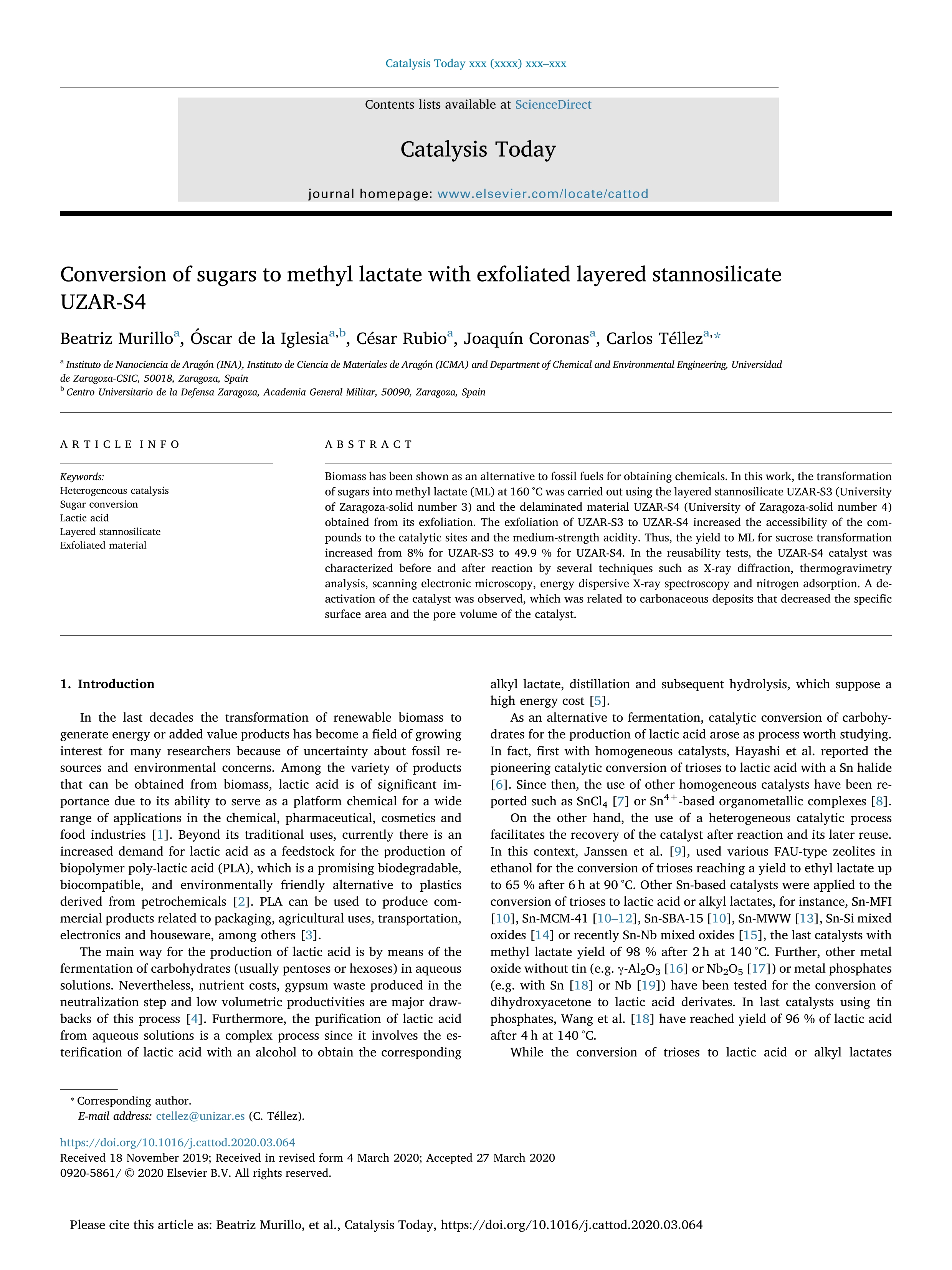 Conversion of sugars to methyl lactate with exfoliated layered stannosilicate UZAR-S4