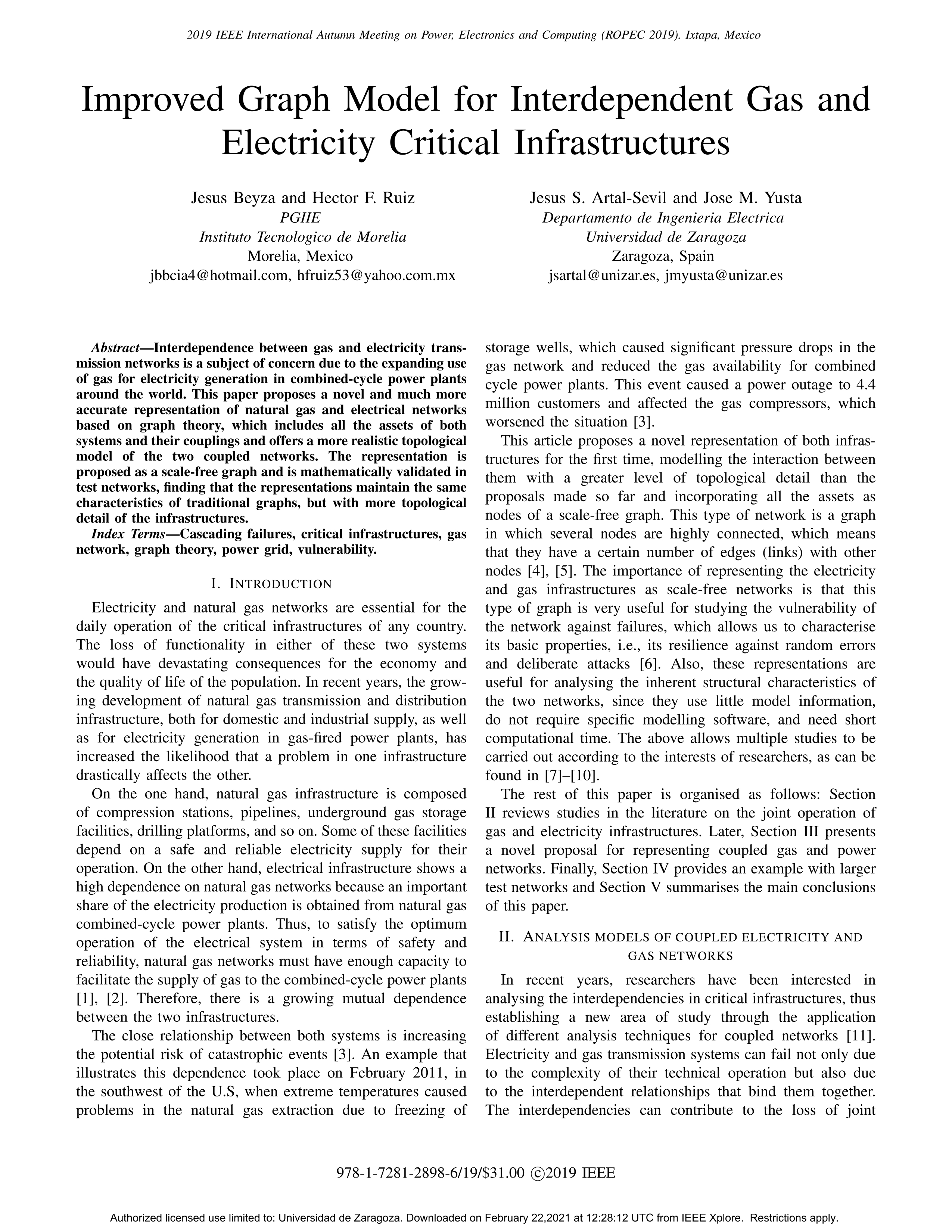 Improved graph model for interdependent gas and electricity critical infrastructures