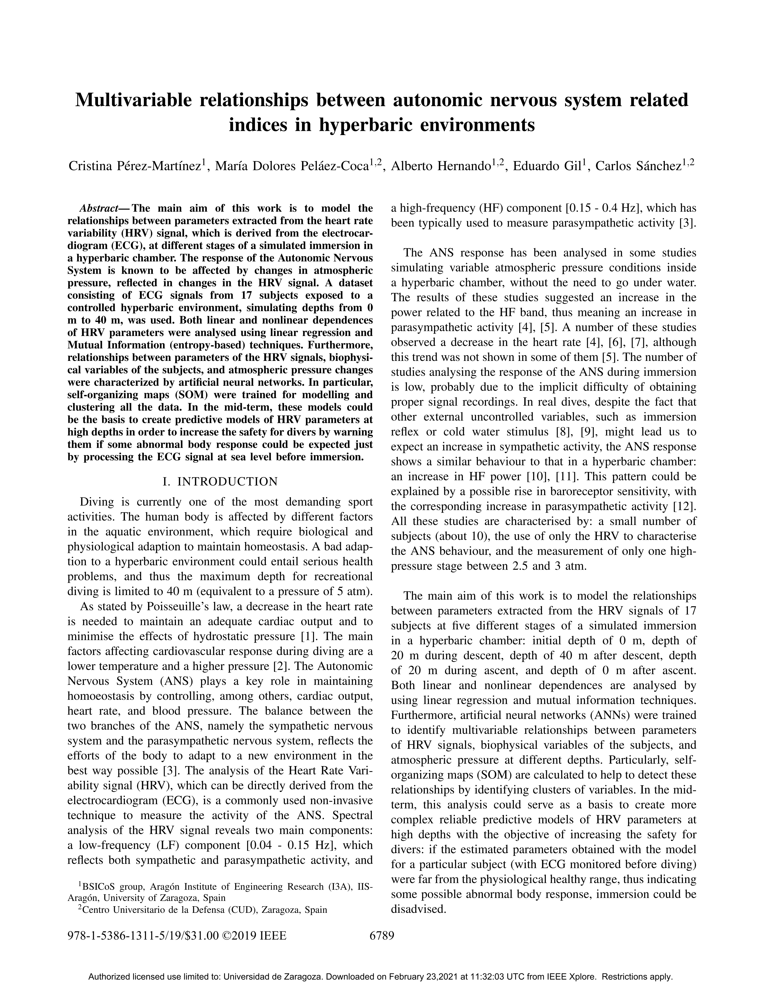 Multivariable relationships between autonomic nervous system related indices in hyperbaric environments