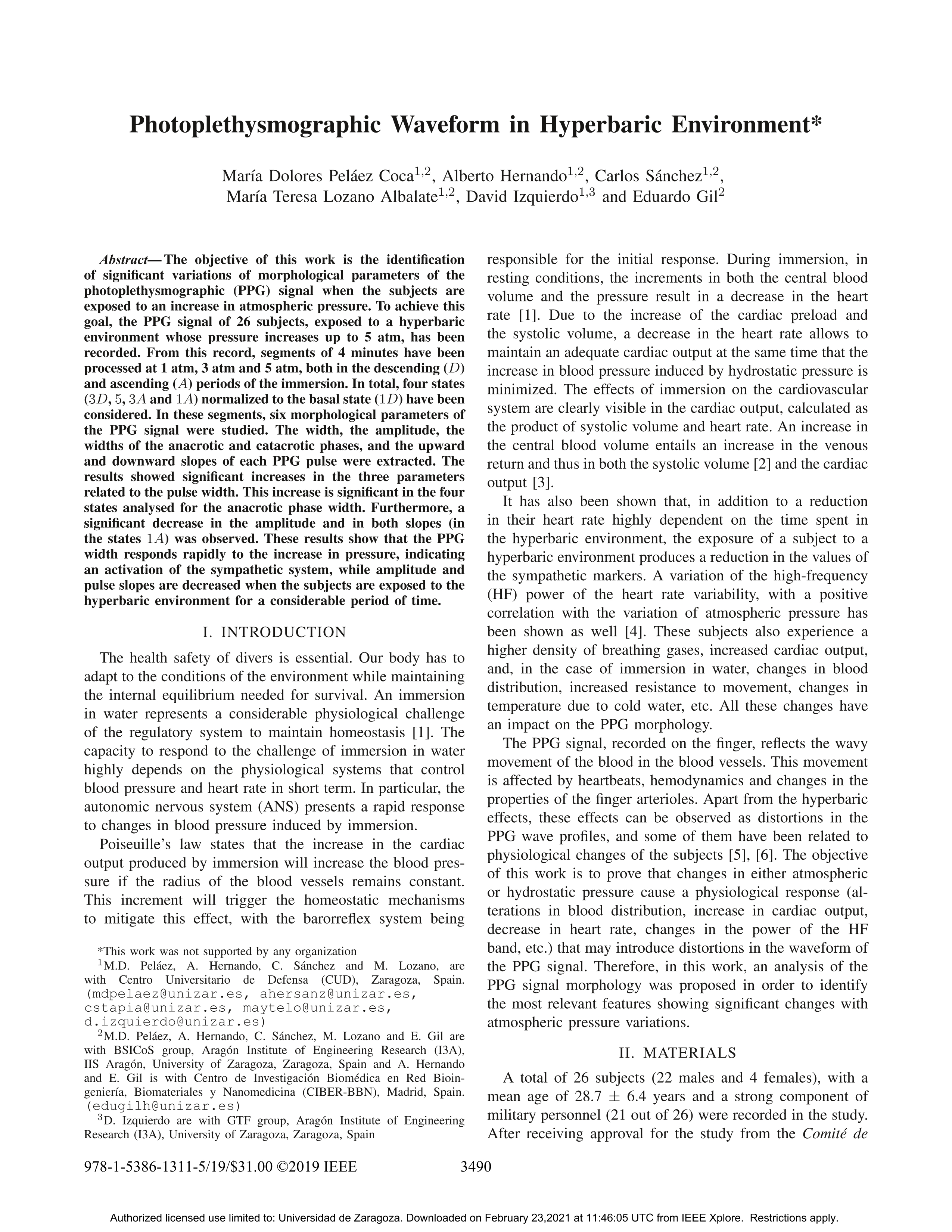 Photoplethysmographic Waveform in Hyperbaric Environment