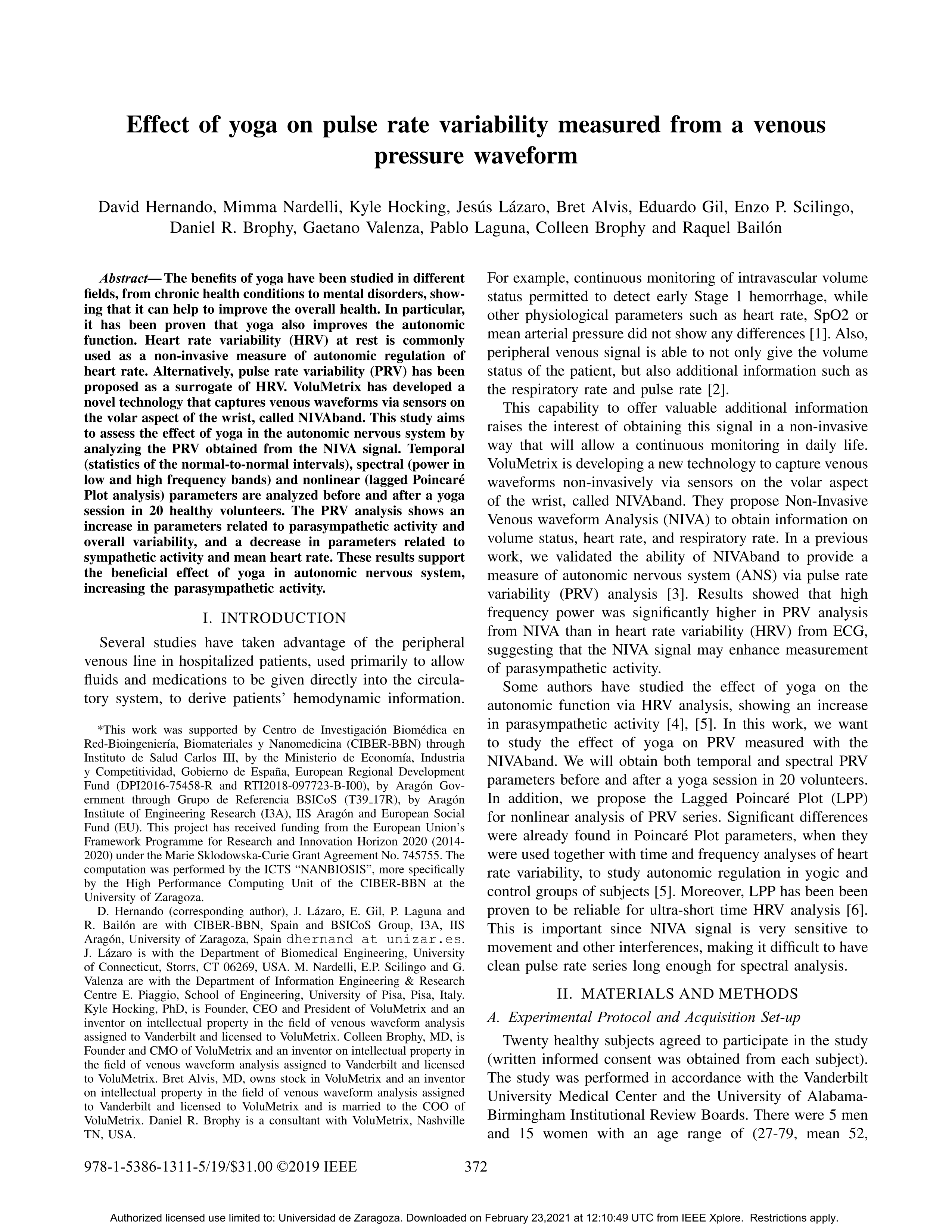 Effect of yoga on pulse rate variability measured from a venous pressure waveform
