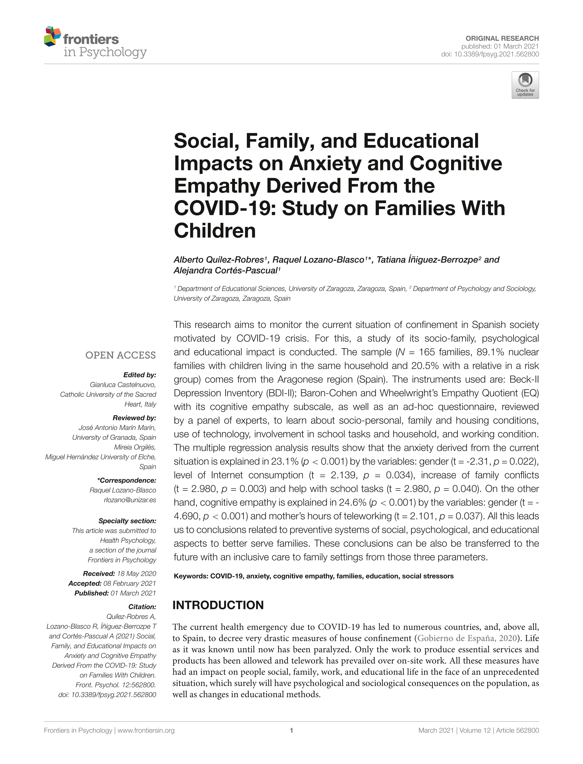 Social, Family, and Educational Impacts on Anxiety and Cognitive Empathy Derived From the COVID-19: Study on Families With Children