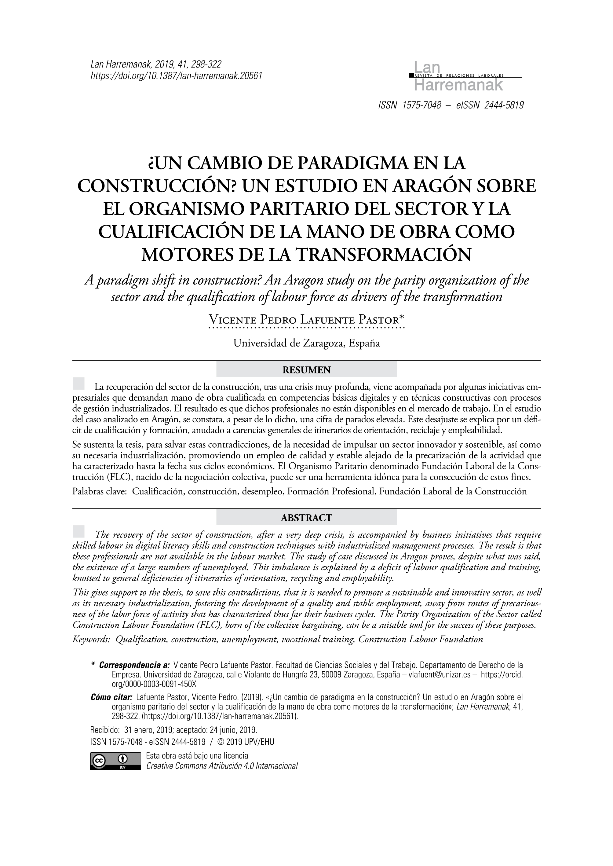 ¿Un cambio de paradigma en la construcción? Un estudio en Aragón sobre el organismo paritario del sector y la cualificación de la mano de obra como motores de la transformación