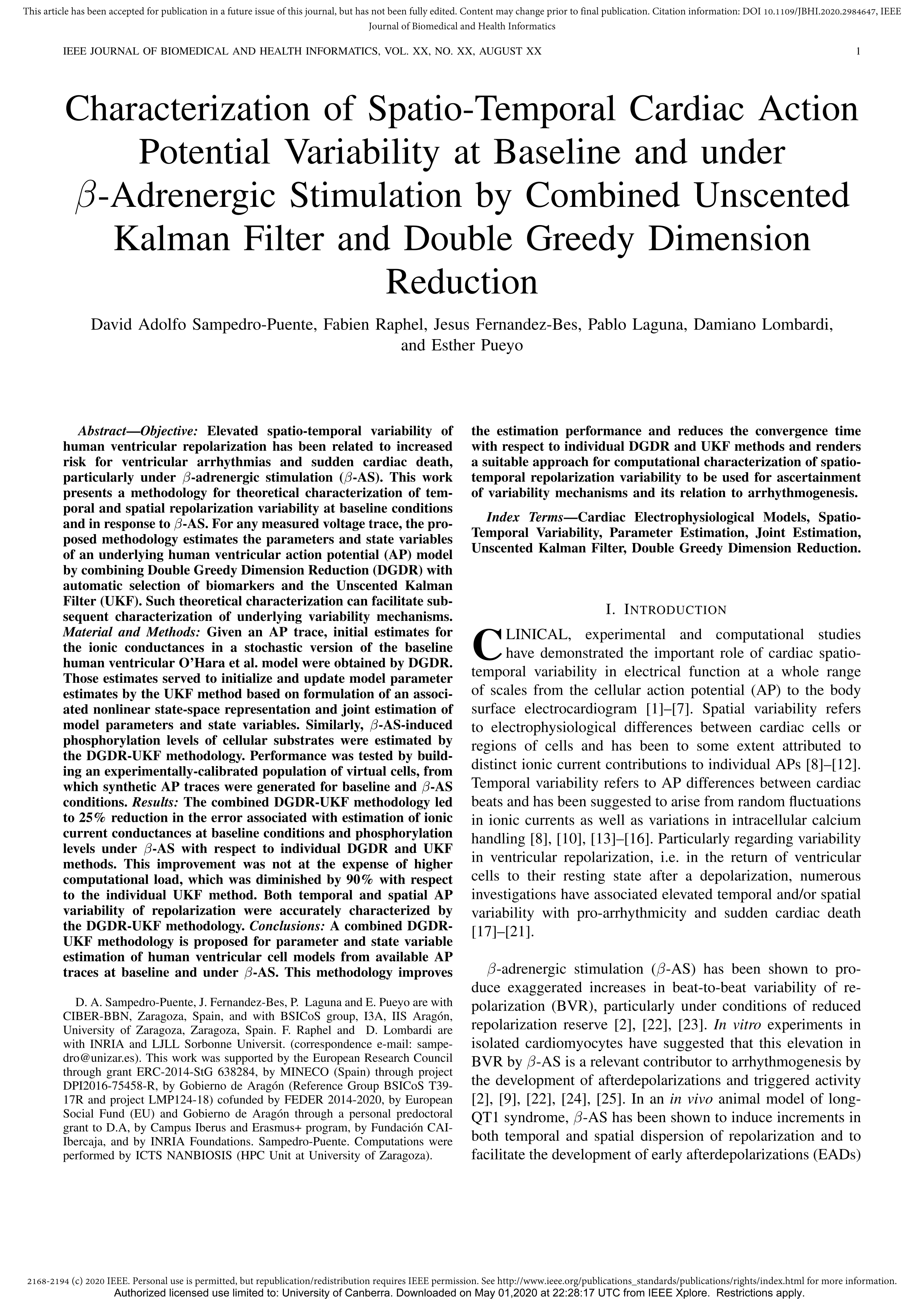 Characterization of Spatiooral Cardiac Action Potential Variability at Baseline and under ß-Adrenergic Stimulation by Combined Unscented Kalman Filter and Double Greedy Dimension Reduction