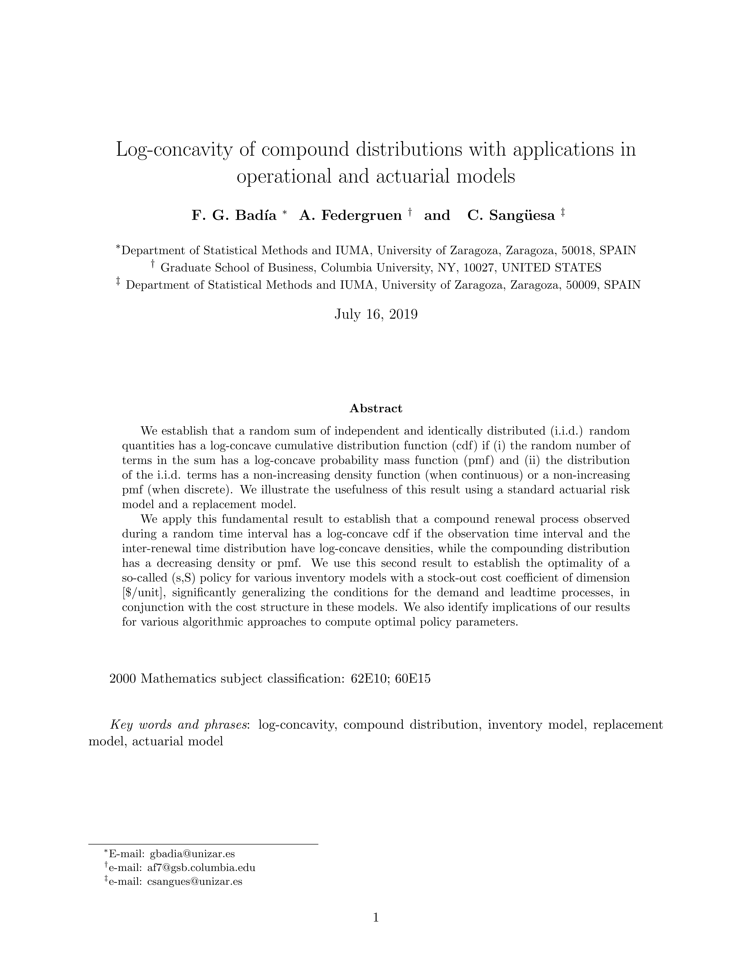 Log-concavity of compound distributions with applications in operational and actuarial models