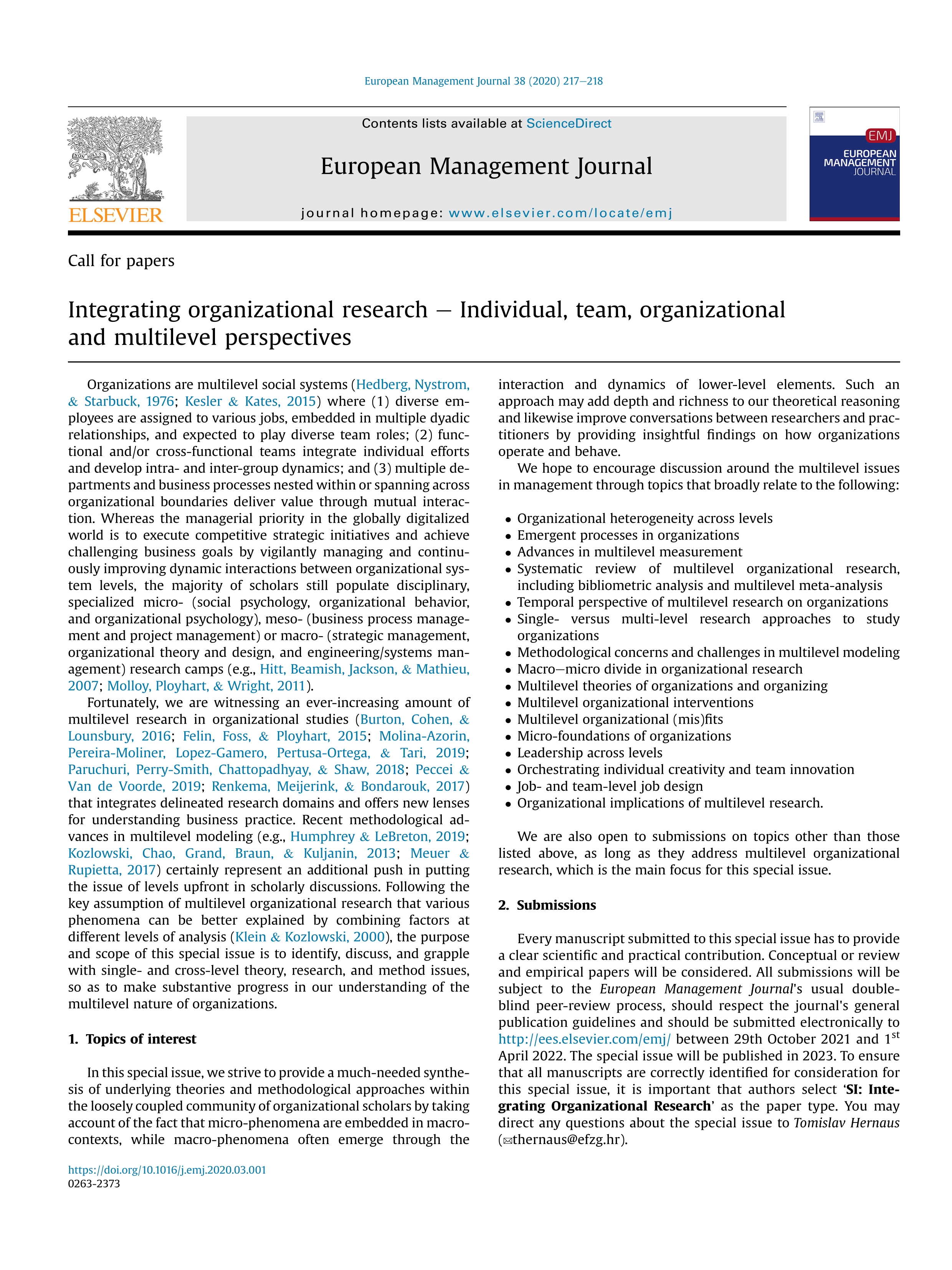 Integrating organizational research–Individual, team, organizational and multilevel perspectives