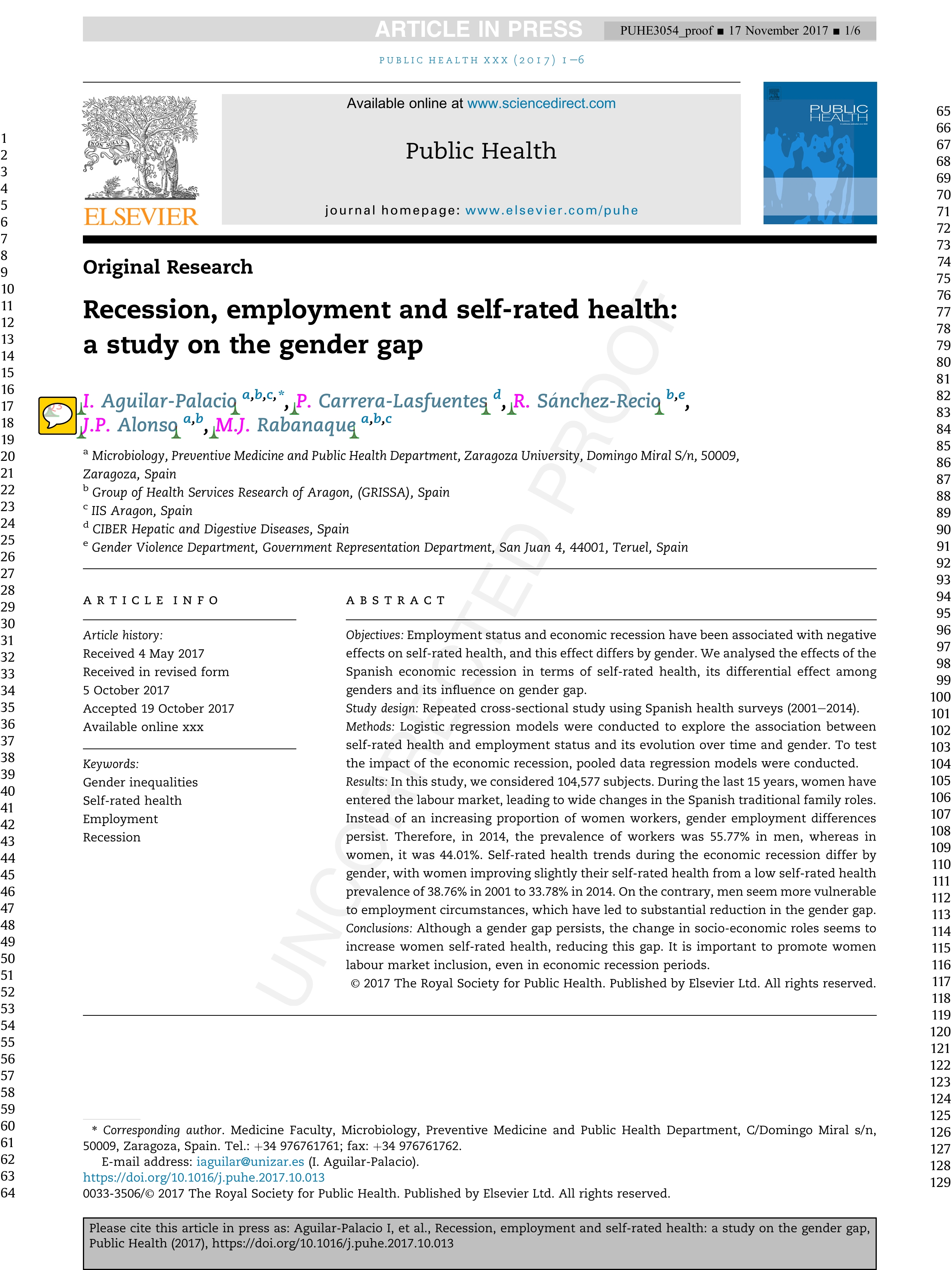 Recession, employment and self-rated health: a study on the gender gap