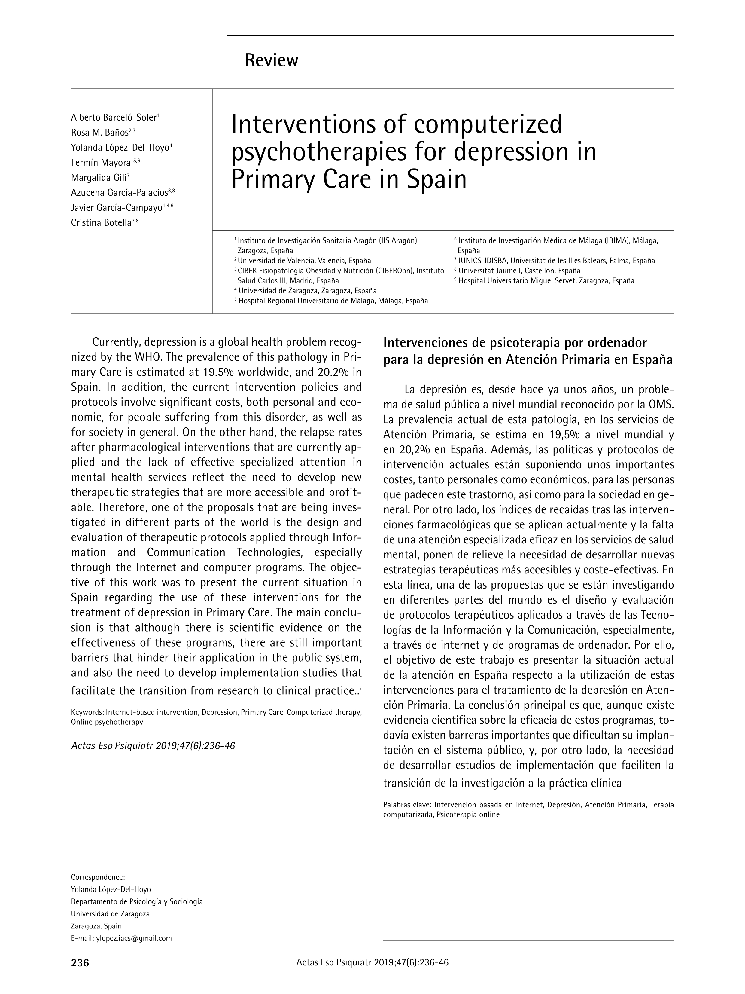 Interventions of computerized psychotherapies for depression in Primary Care in Spain