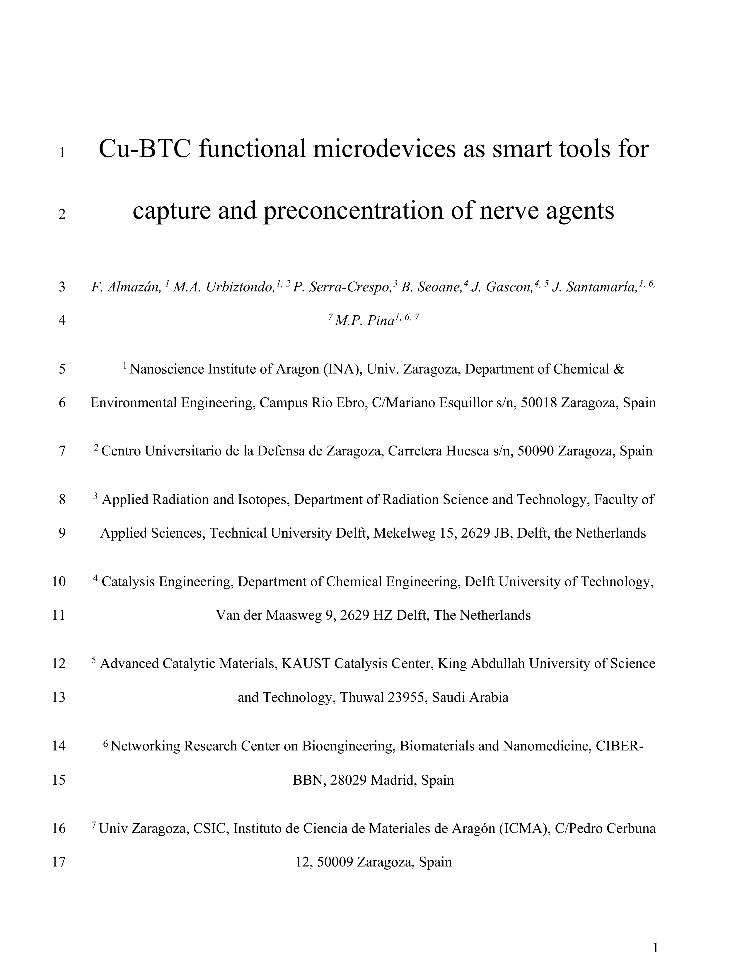 Cu-BTC Functional Microdevices as Smart Tools for Capture and Preconcentration of Nerve Agents