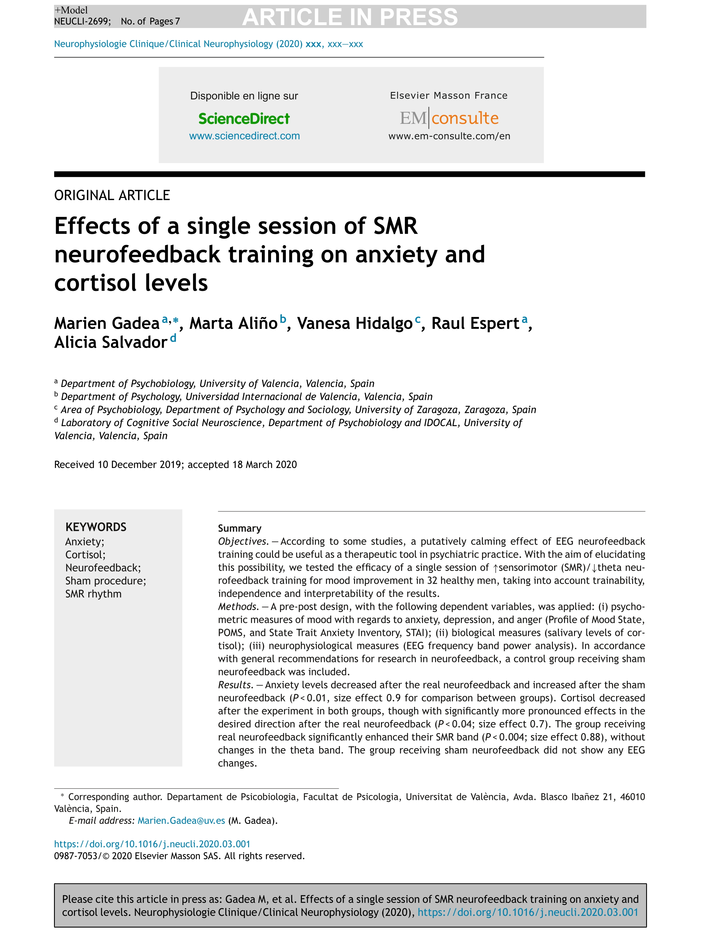 Effects of a single session of SMR neurofeedback training on anxiety and cortisol levels