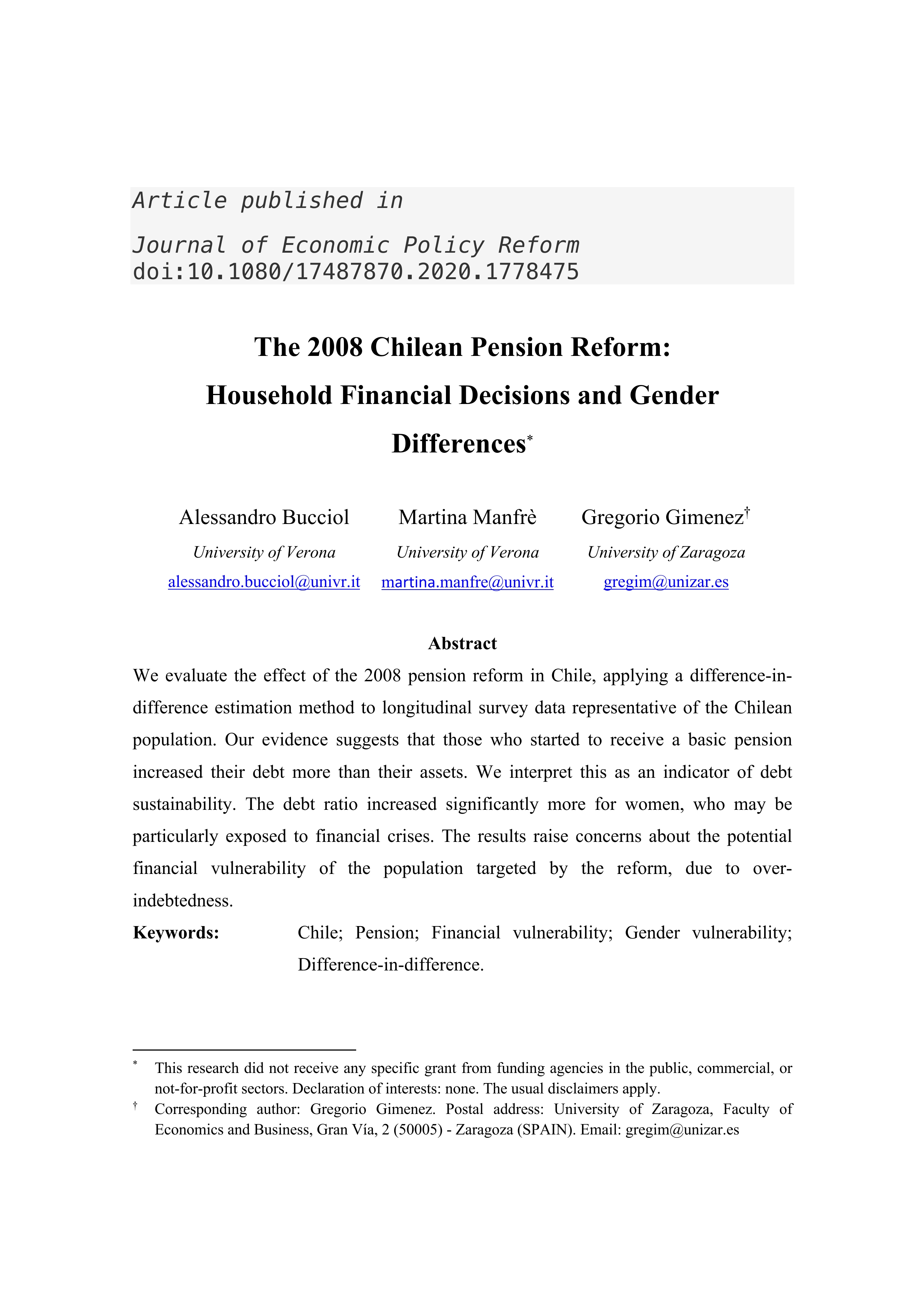 The 2008 Chilean pension reform: Household financial decisions and gender differences