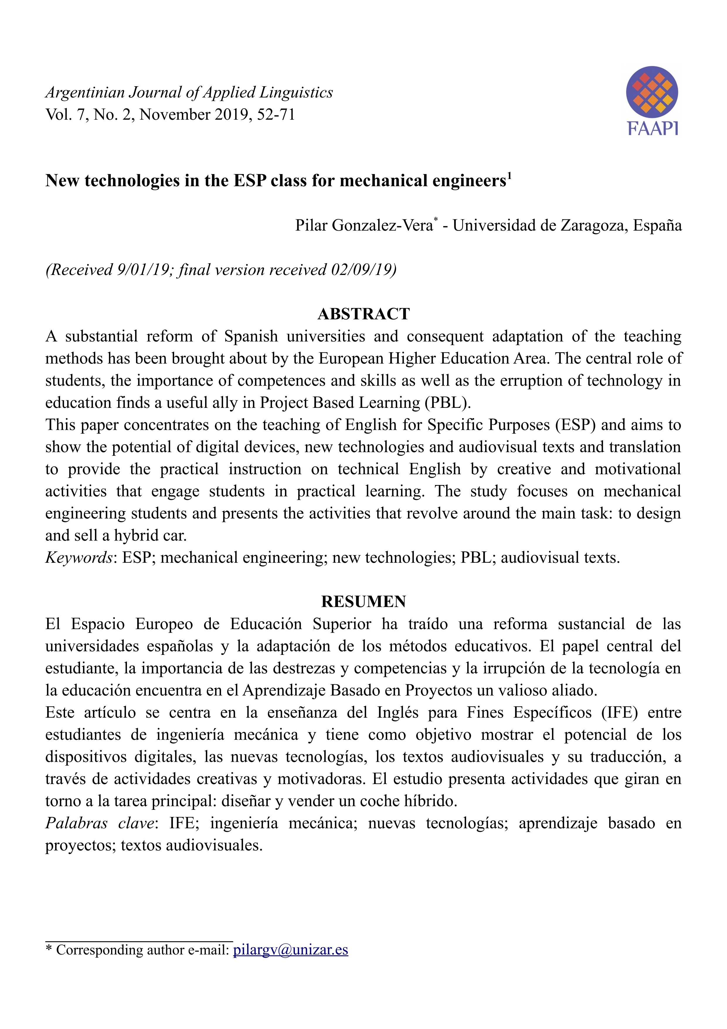 New technologies in the ESP class for mechanical engineers