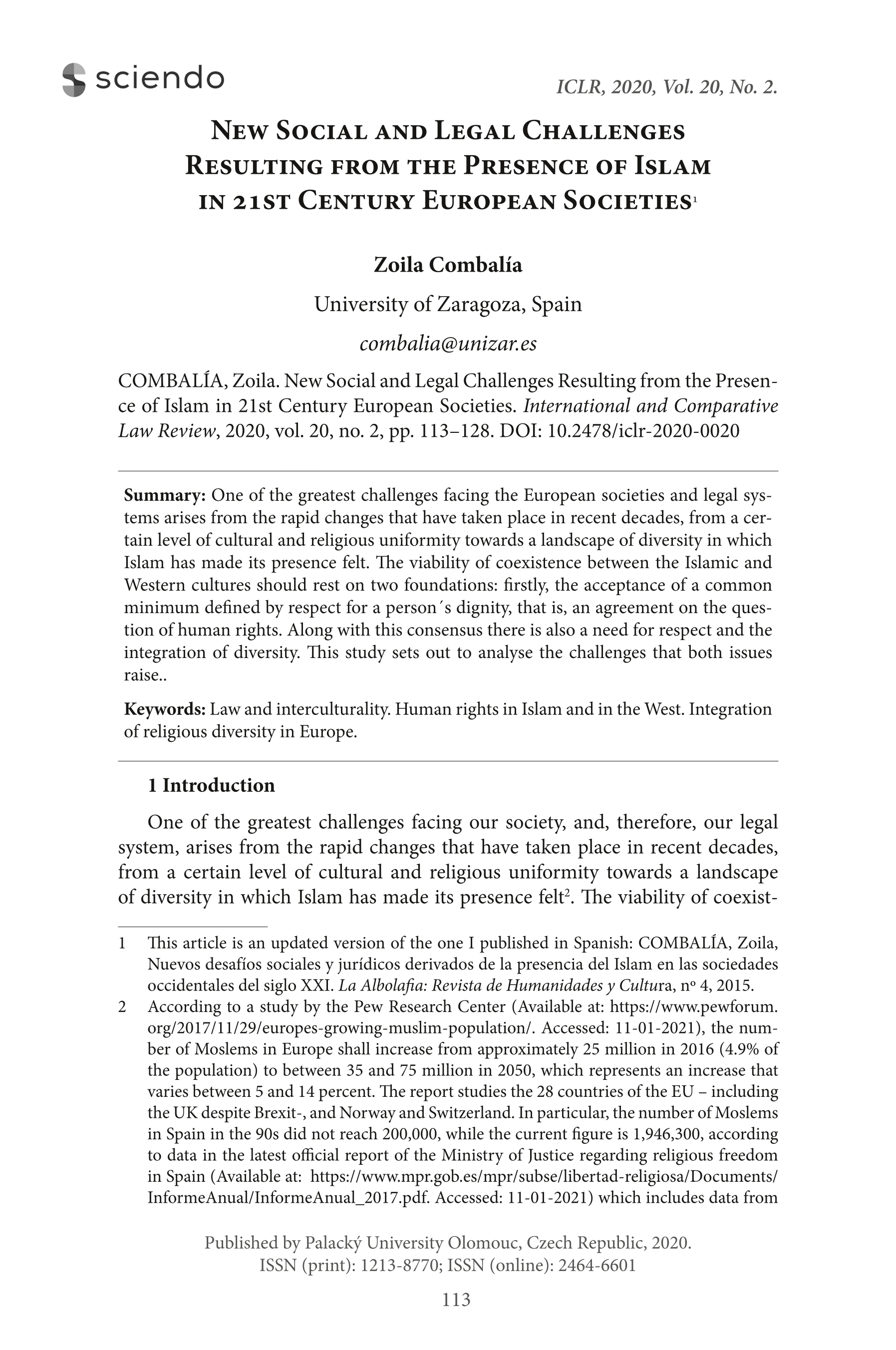 New social and legal challenges resulting from the presence of islam in 21st century european societies
