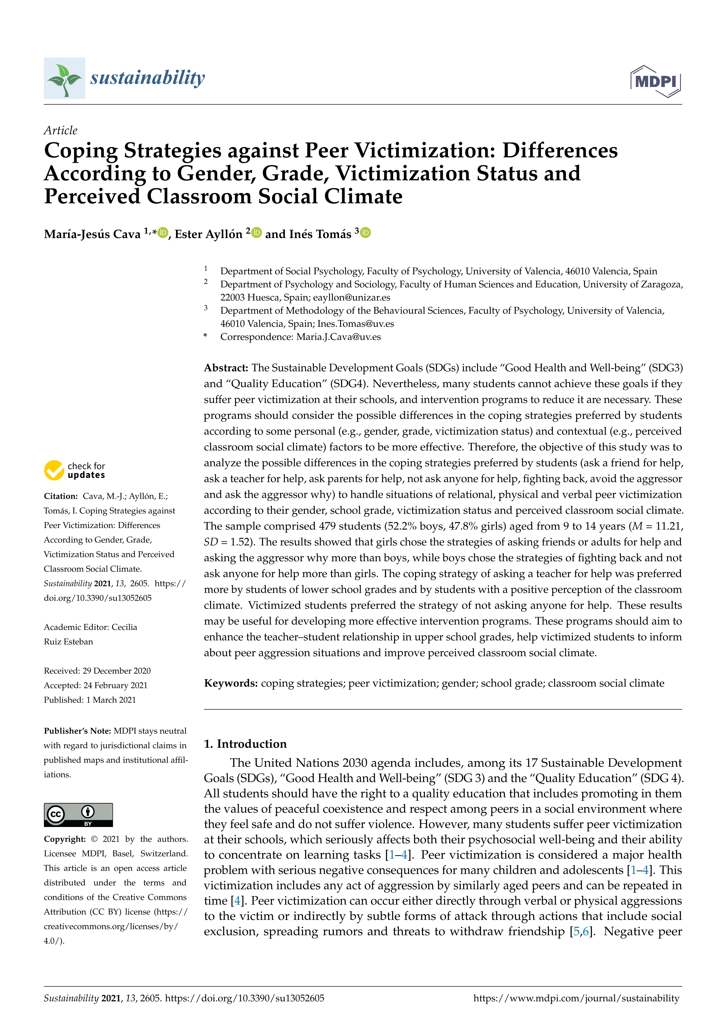 Coping strategies against peer victimization: differences according to gender, grade, victimization status and perceived classroom social climate
