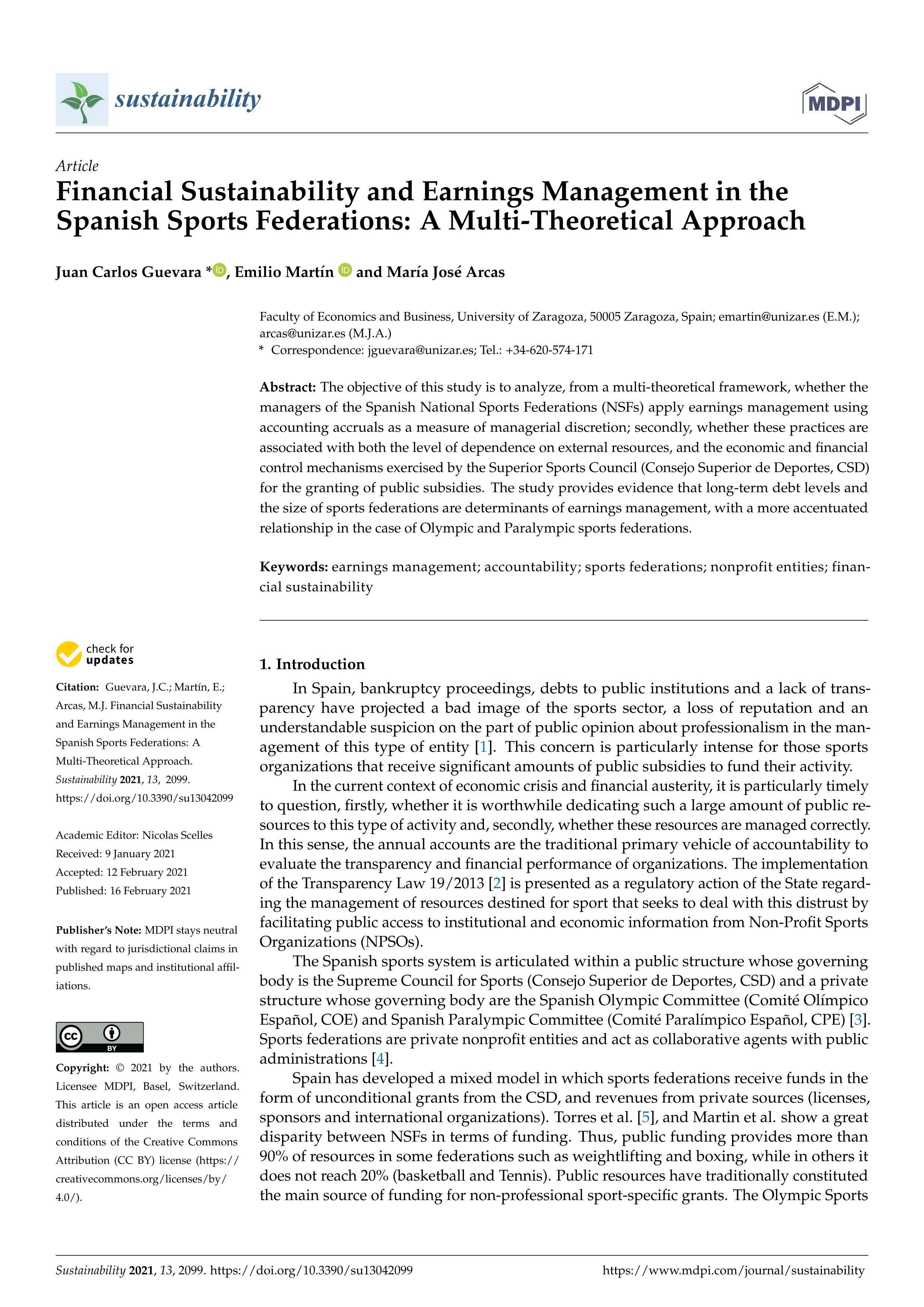 Financial sustainability and earnings management in the Spanish Sports Federations: A multi-theoretical approach