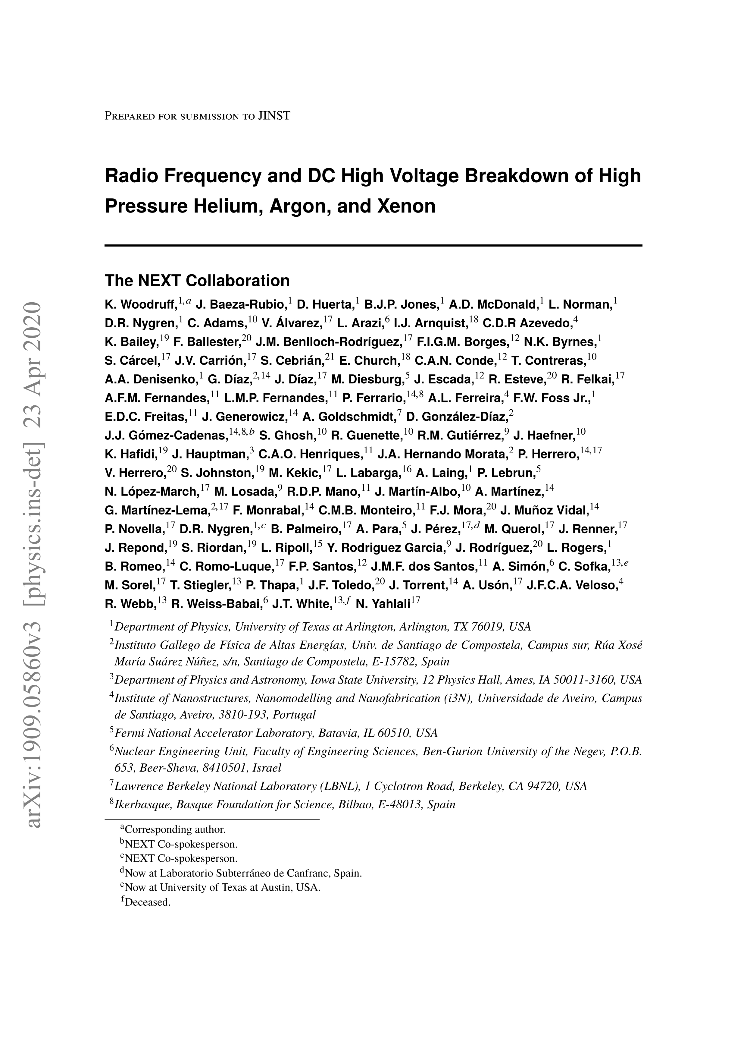 Radio frequency and DC high voltage breakdown of high pressure helium, argon, and xenon