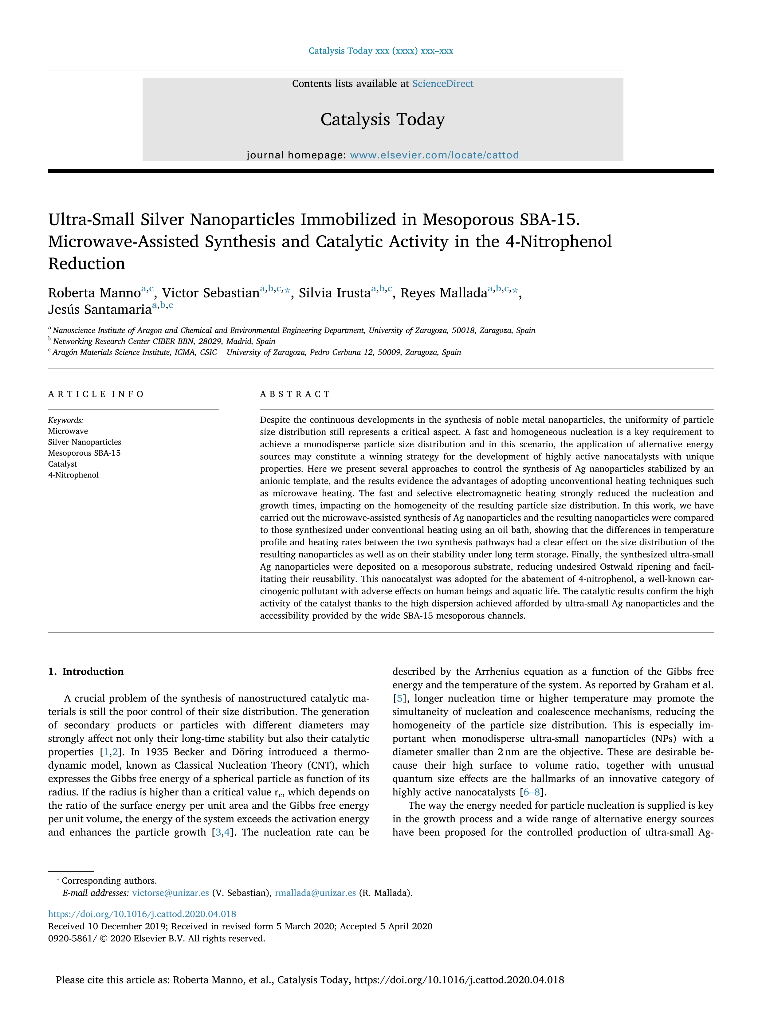 Ultra-Small Silver Nanoparticles Immobilized in Mesoporous SBA-15. Microwave-Assisted Synthesis and Catalytic Activity in the 4-Nitrophenol Reduction