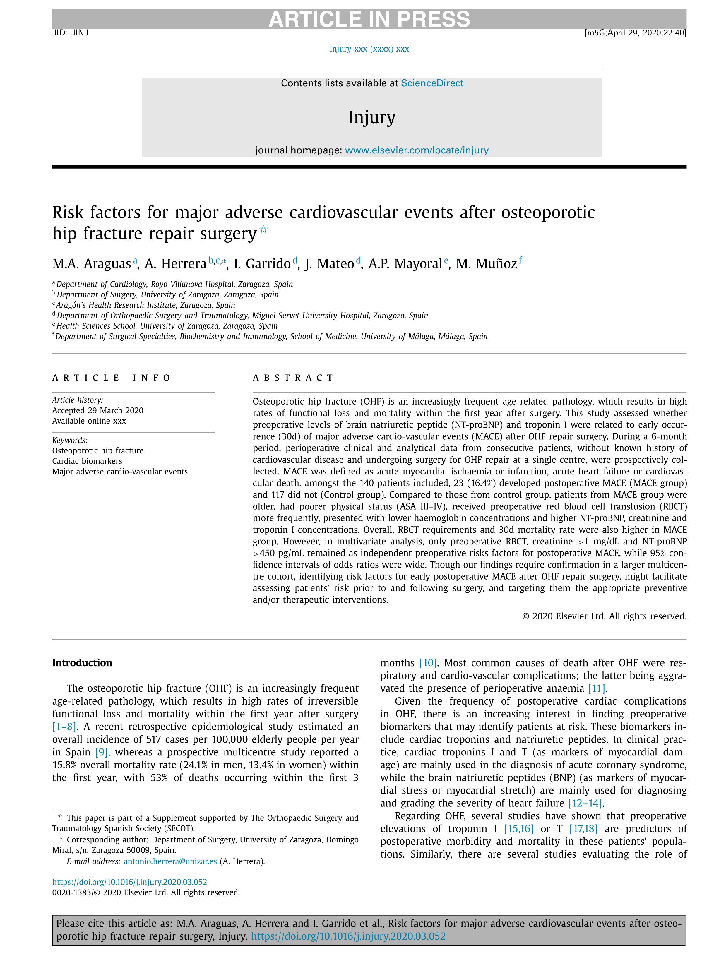 Risk Factors For Major Adverse Cardiovascular Events After Osteoporotic Hip Fracture Repair Surgery