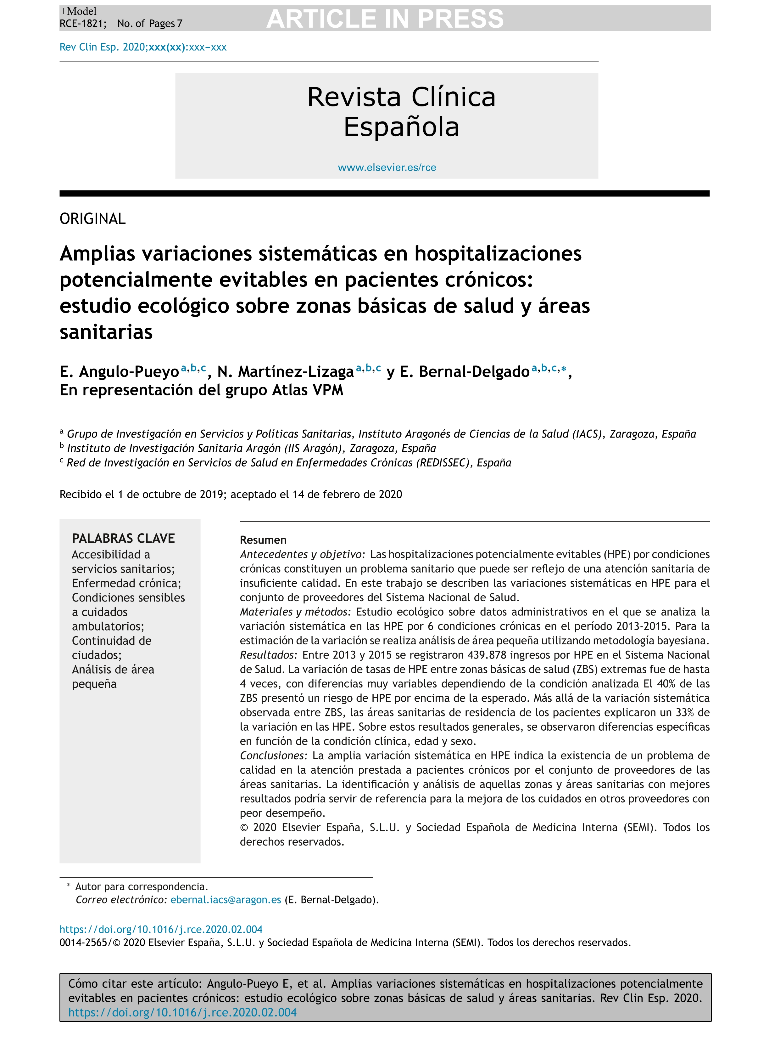 Amplias variaciones sistemáticas en hospitalizaciones potencialmente evitables en pacientes crónicos: estudio ecológico sobre zonas básicas de salud y áreas sanitarias