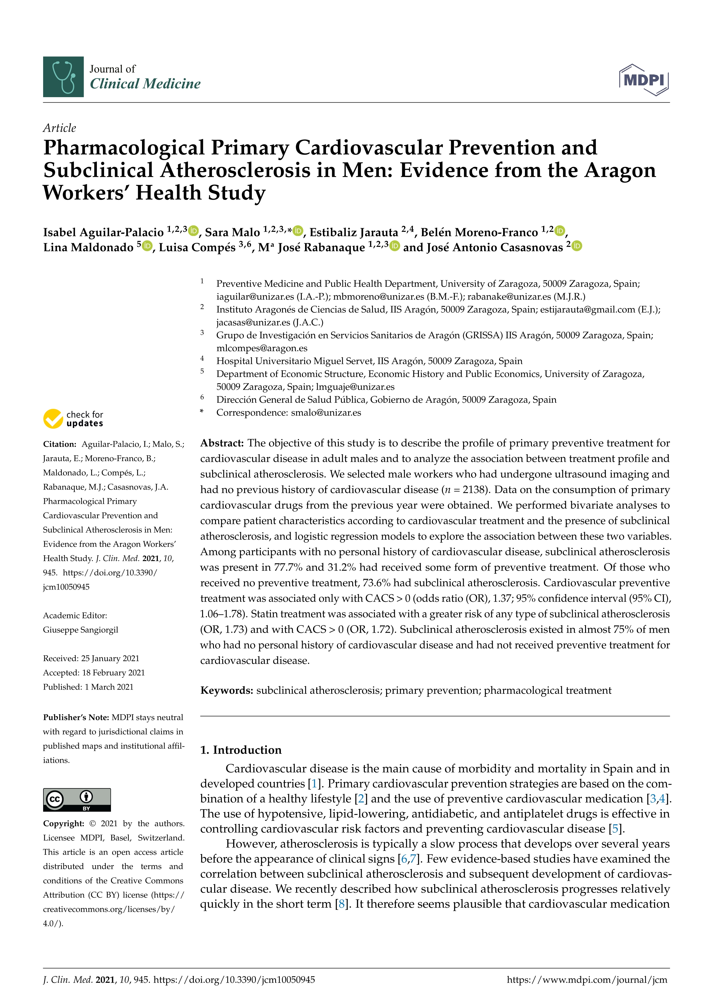 Pharmacological primary cardiovascular prevention and subclinical atherosclerosis in men: Evidence from the aragon workers'' health study