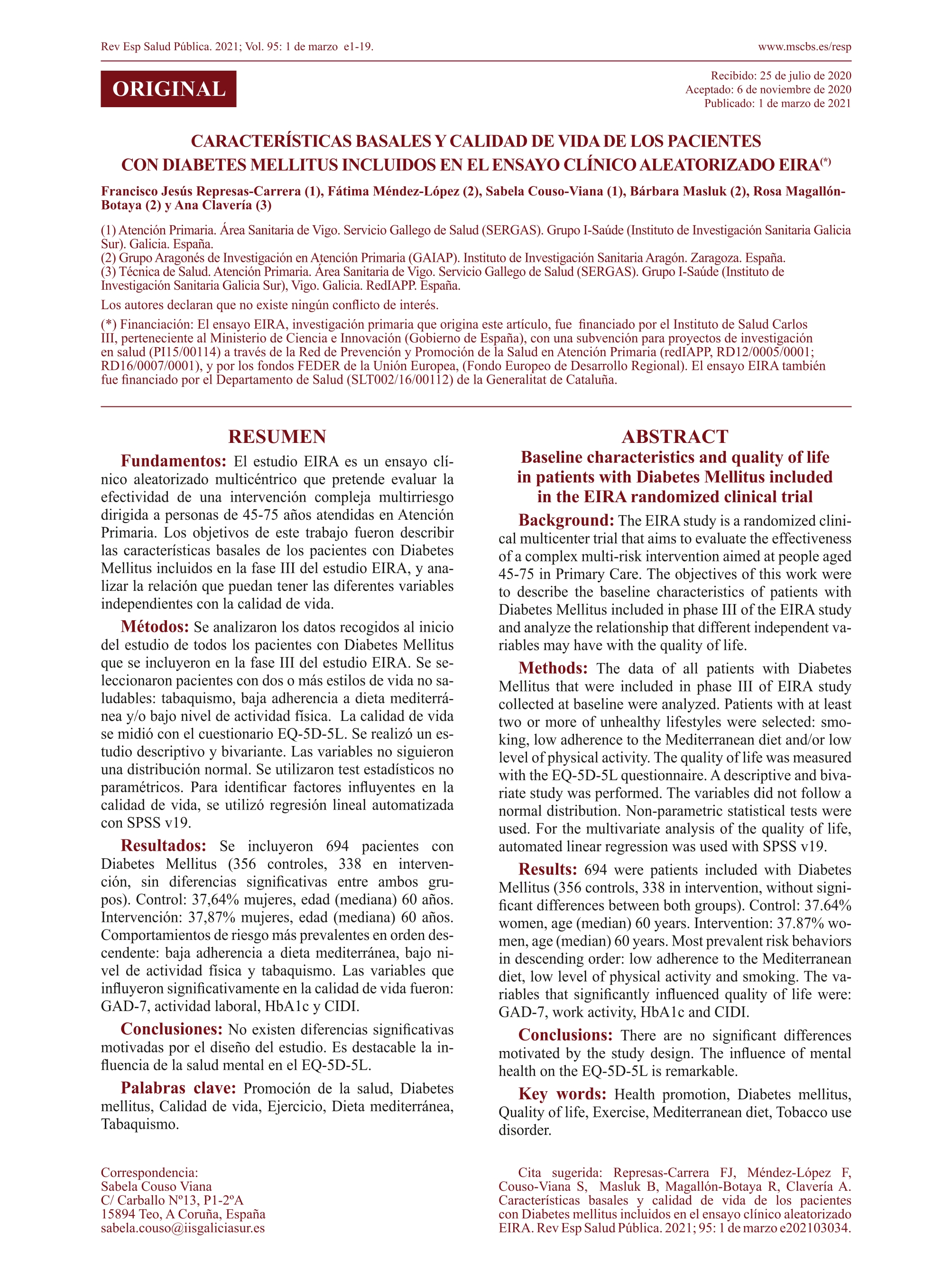 Características basales y calidad de vida de los pacientes con diabetes mellitus incluidos en el ensayo clínico aleatorizado EIRA