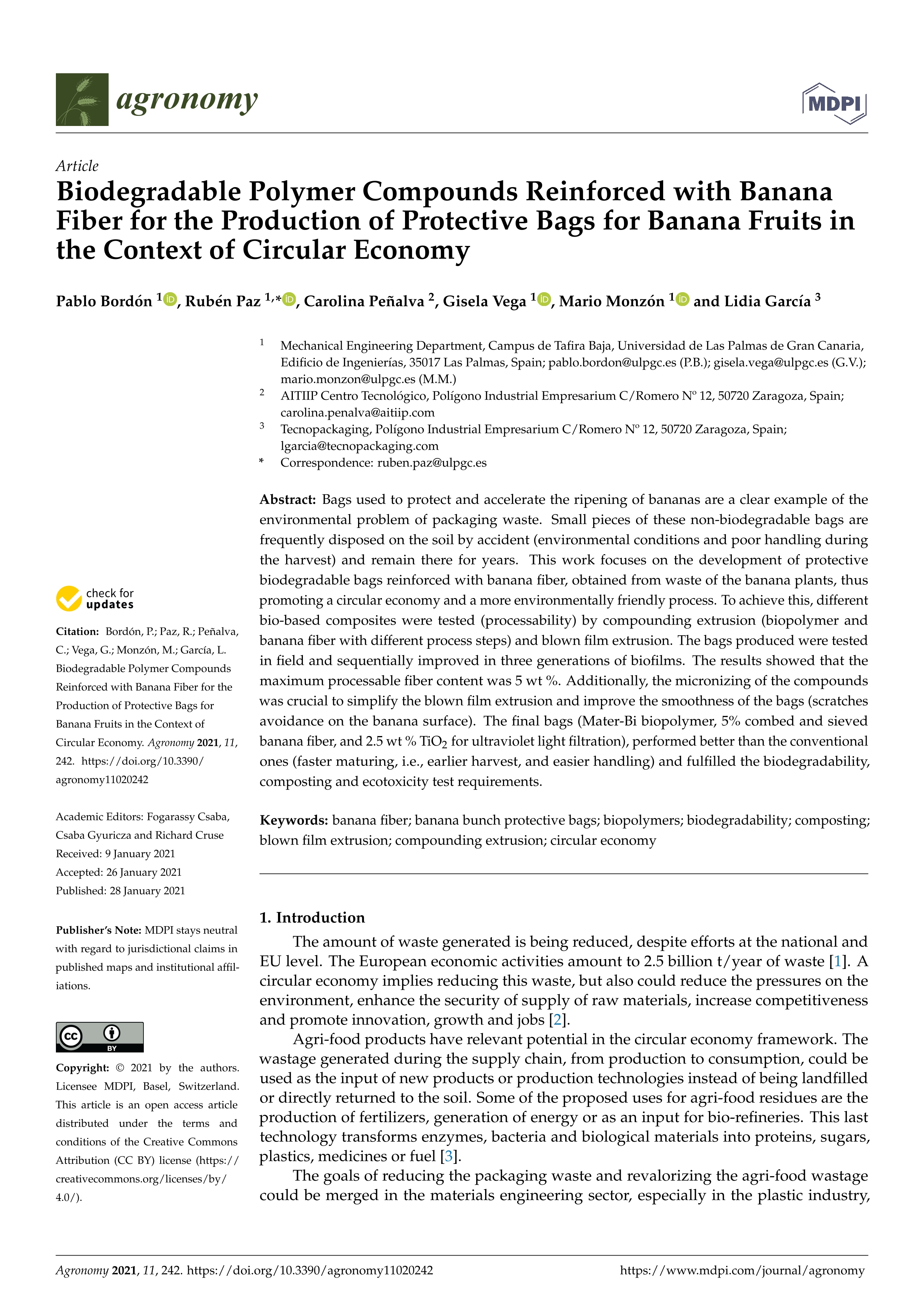 Biodegradable polymer compounds reinforced with banana fiber for the production of protective bags for banana fruits in the context of circular economy