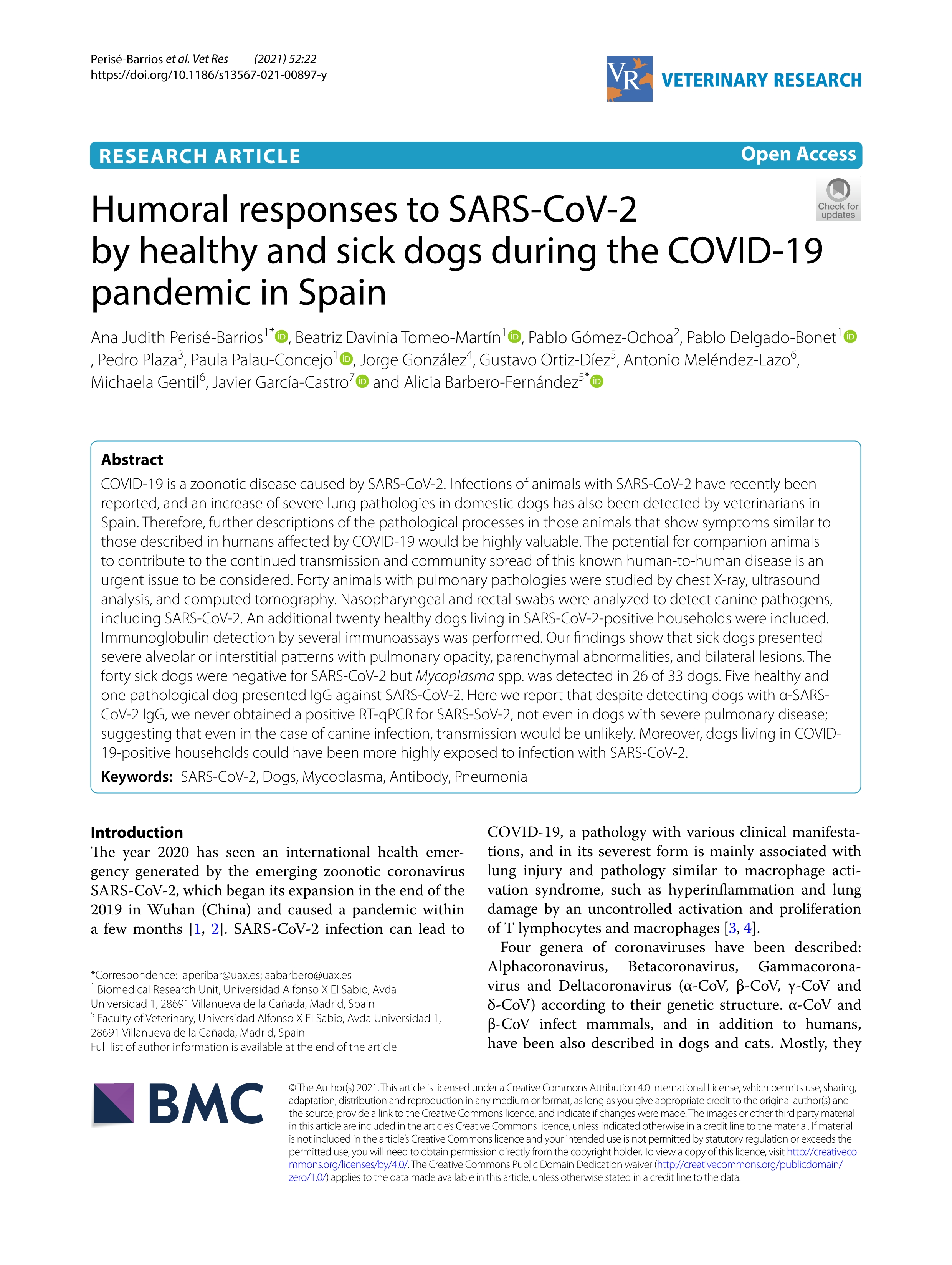 Humoral responses to SARS-CoV-2 by healthy and sick dogs during the COVID-19 pandemic in Spain