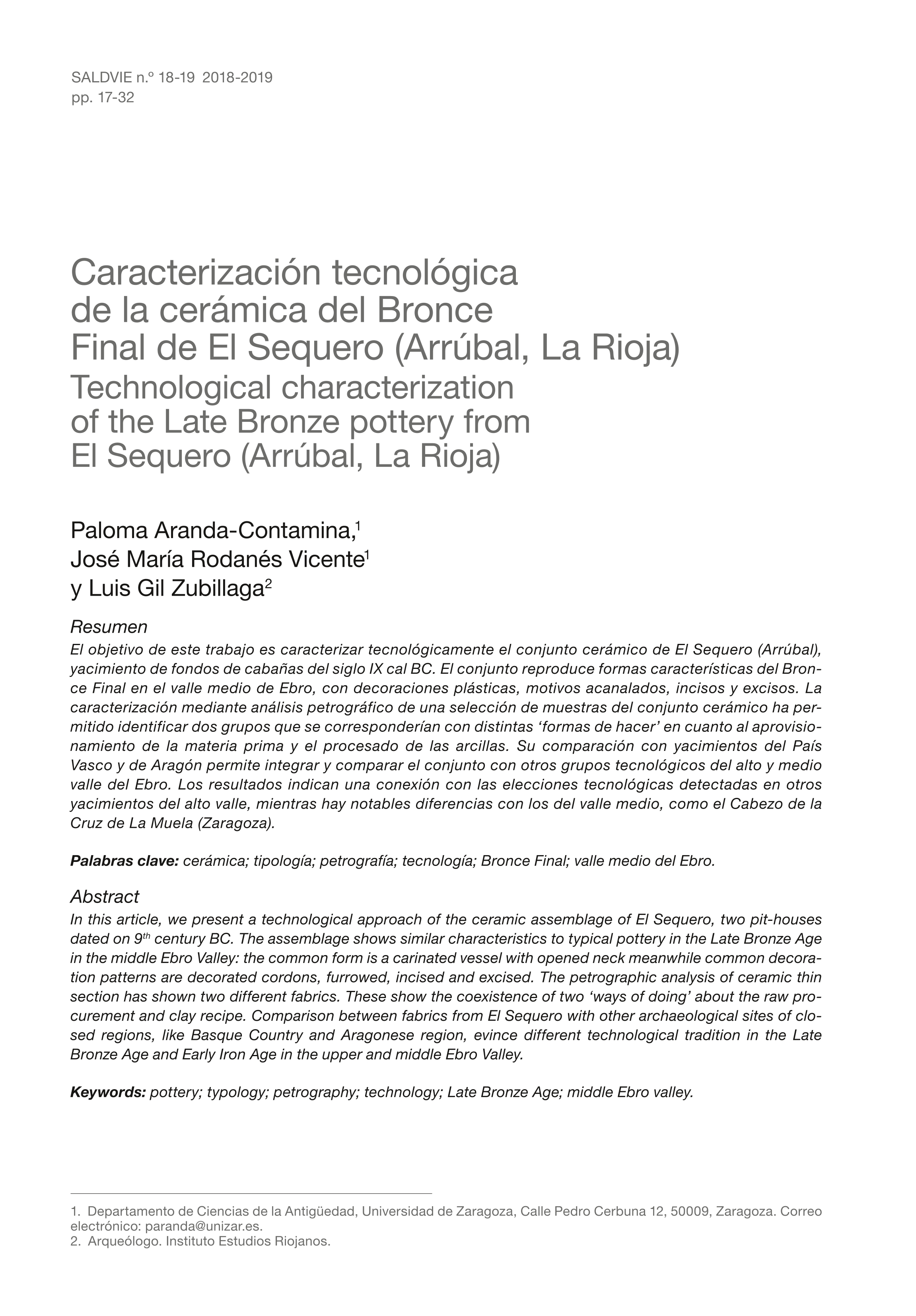 Caracterización tecnológica de la cerámica del Bronce Final de El Sequero (Arrubal, La Rioja)