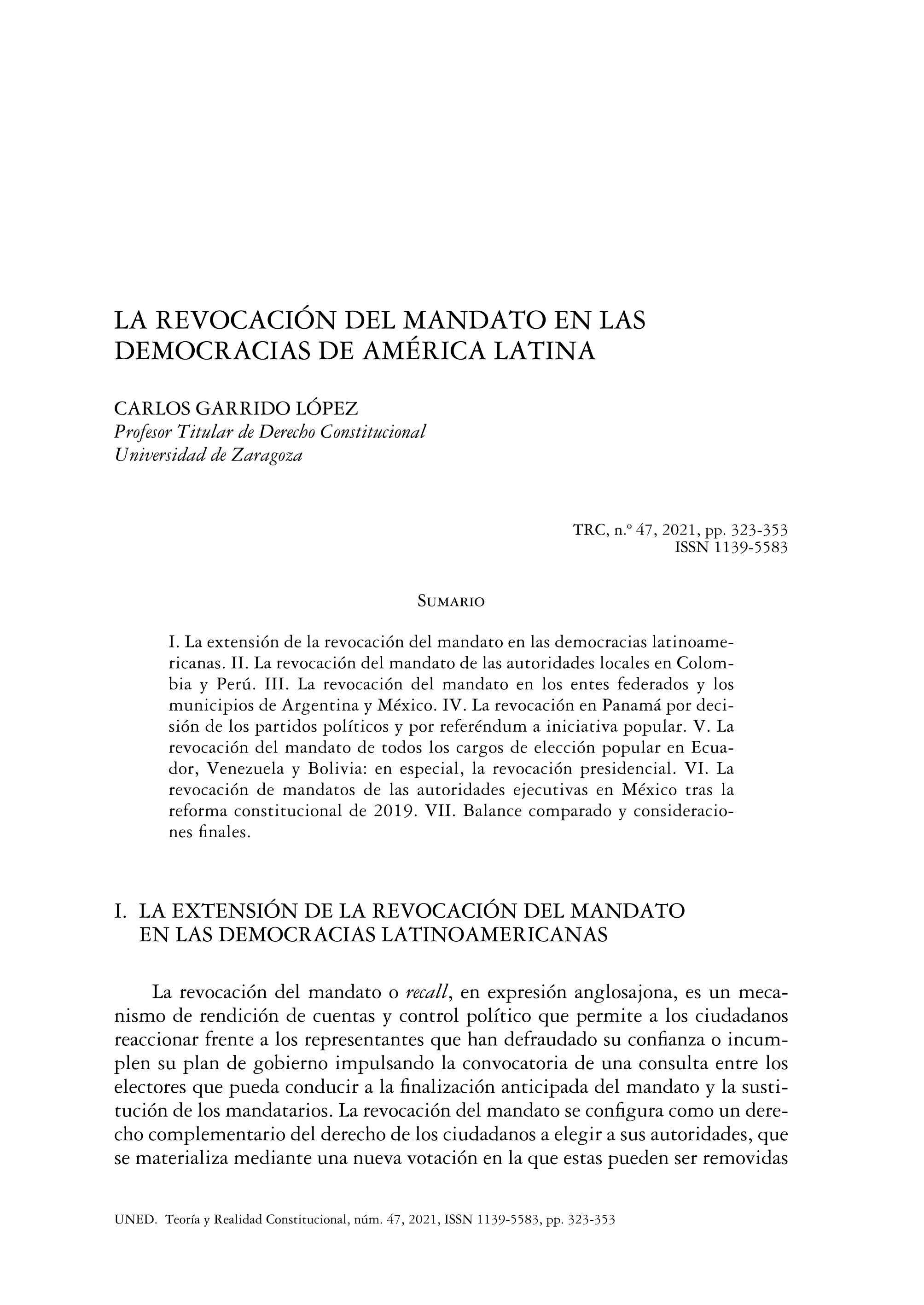 La revocación del mandato en las democracias de América Latina