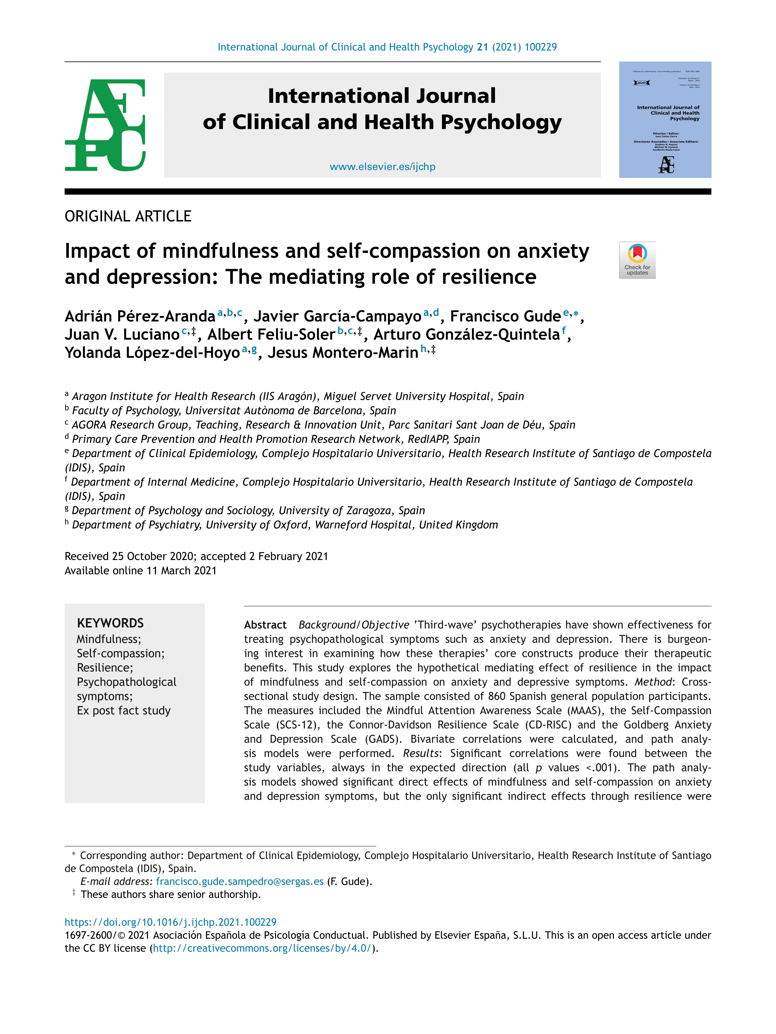 Impact of mindfulness and self-compassion on anxiety and depression: The mediating role of resilience [Impacto del mindfulness y de la autocompasión en la ansiedad y la depresión: rol mediador de la resiliencia]