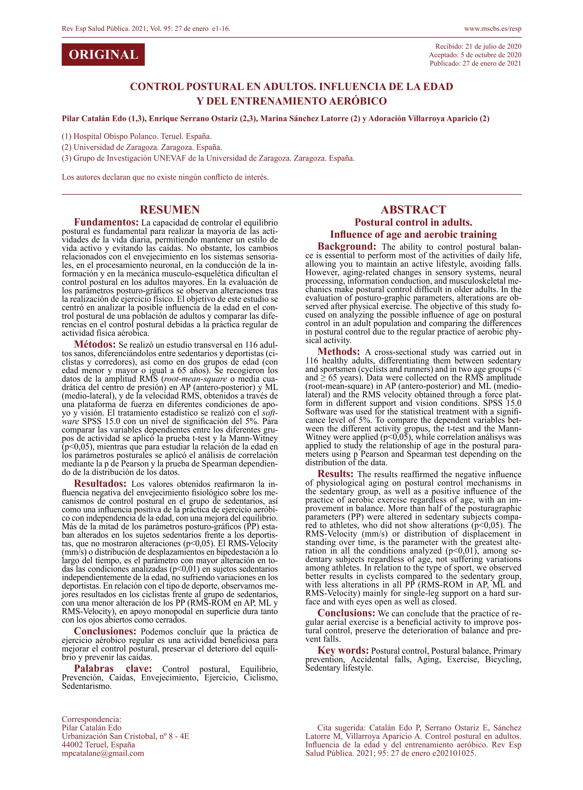 Control postural en adultos. Influencia de la edad y del entrenamiento aeróbico