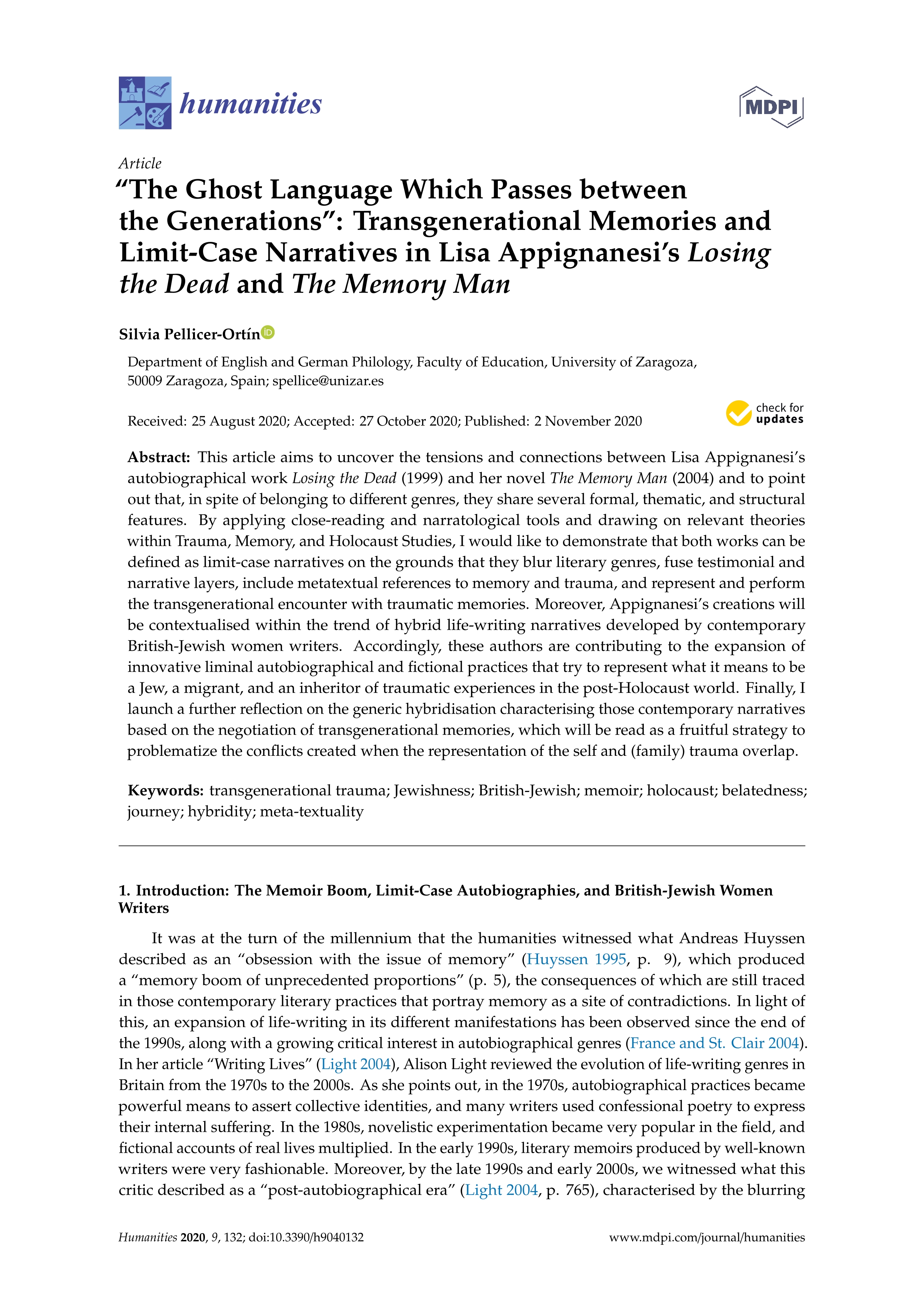 The ghost language which passes between the generations: transgenerational memories and limit-case narratives in Lisa Appignanesi’s losing the dead and the memory man