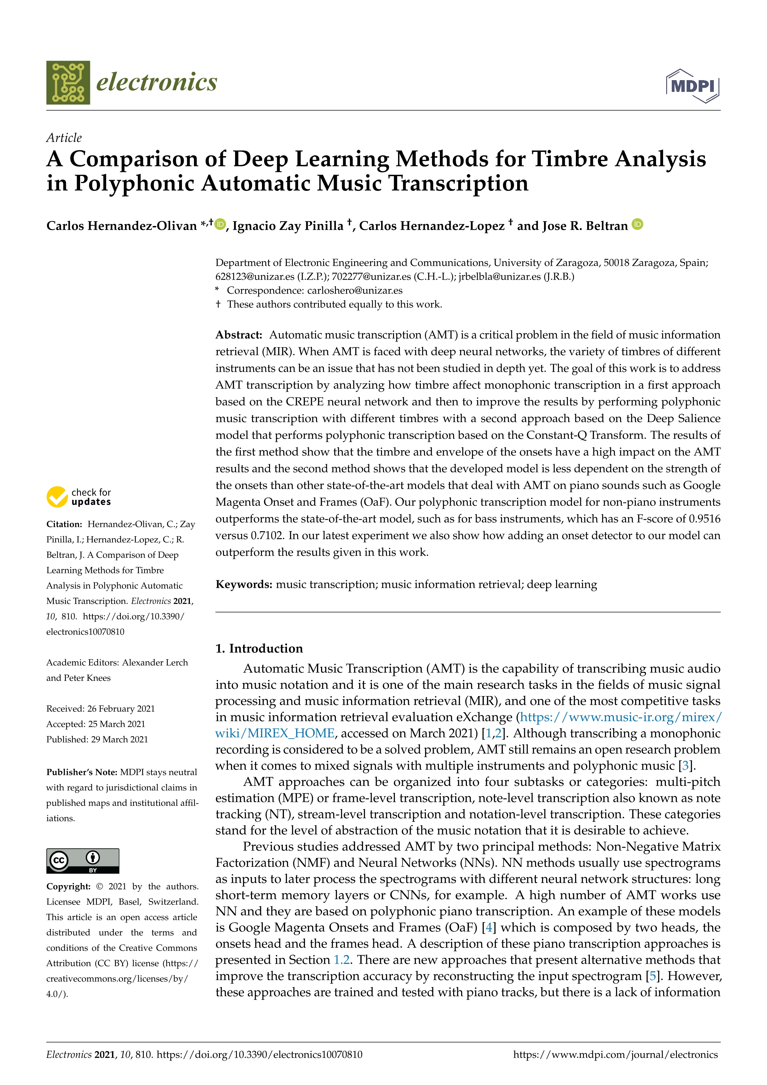 A Comparison of Deep Learning Methods for Timbre Analysis in Polyphonic Automatic Music Transcription